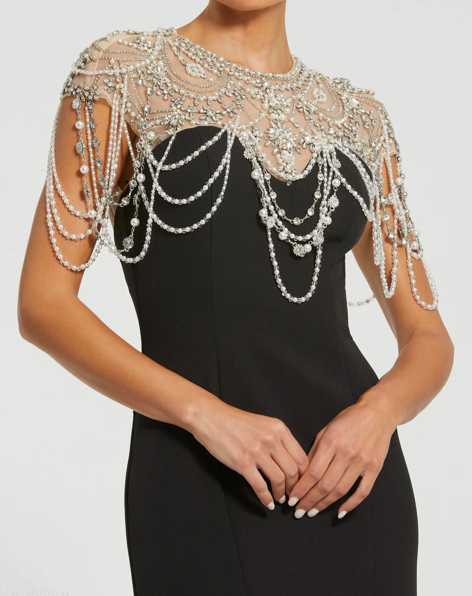 Black Draped Pearl Beaded Mermaid Gown - Image 2