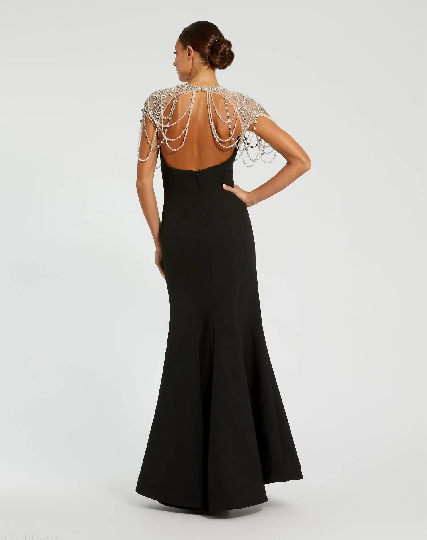 Black Draped Pearl Beaded Mermaid Gown - Image 3