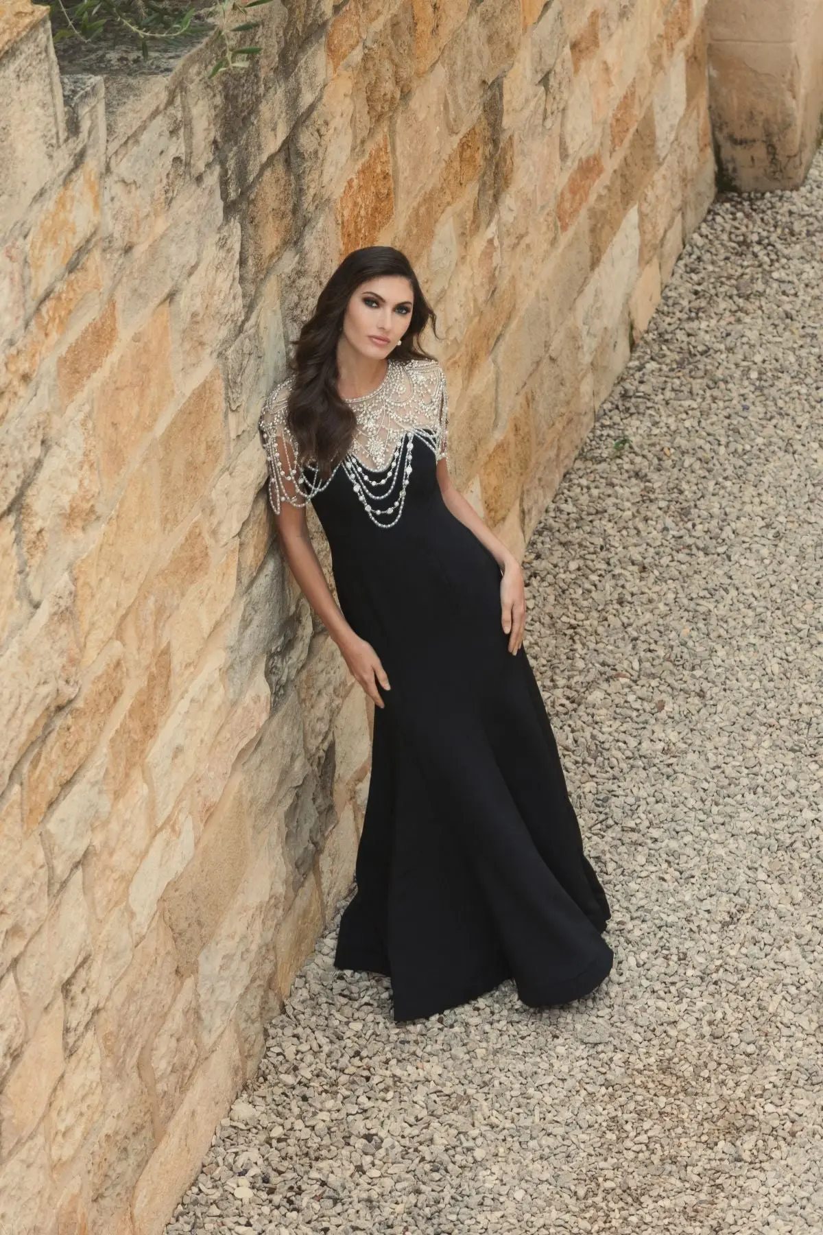 Black Draped Pearl Beaded Mermaid Gown - Image 4