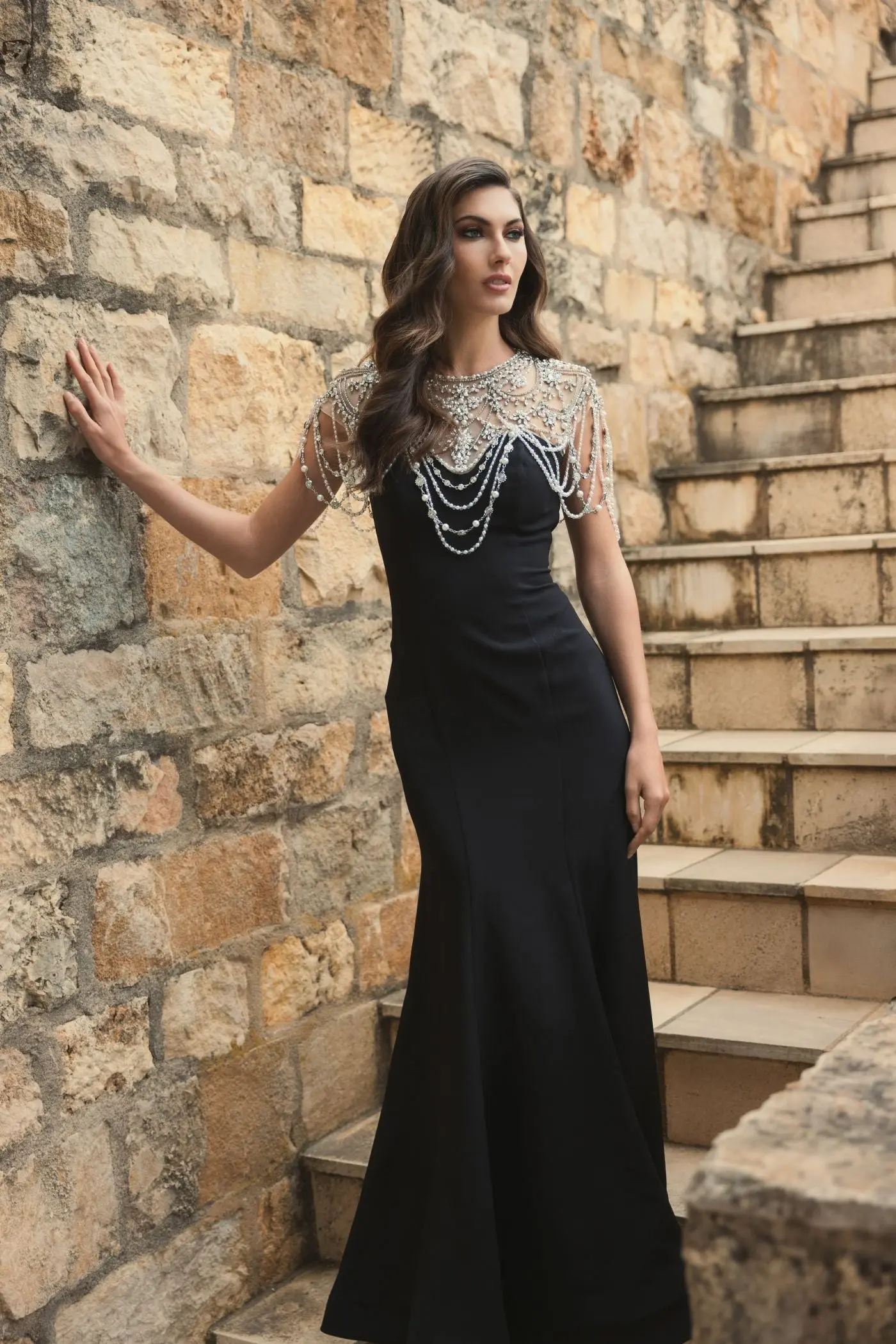 Black Draped Pearl Beaded Mermaid Gown - Image 6