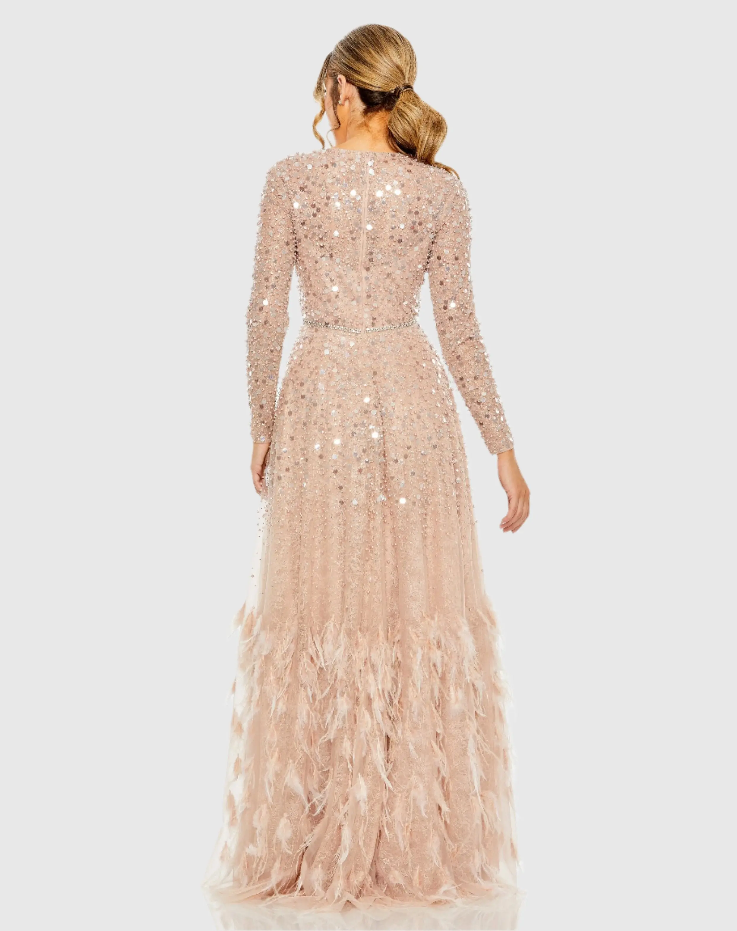 Pink Disc Embellished Sequin Gown with Feather Detail - Image 3