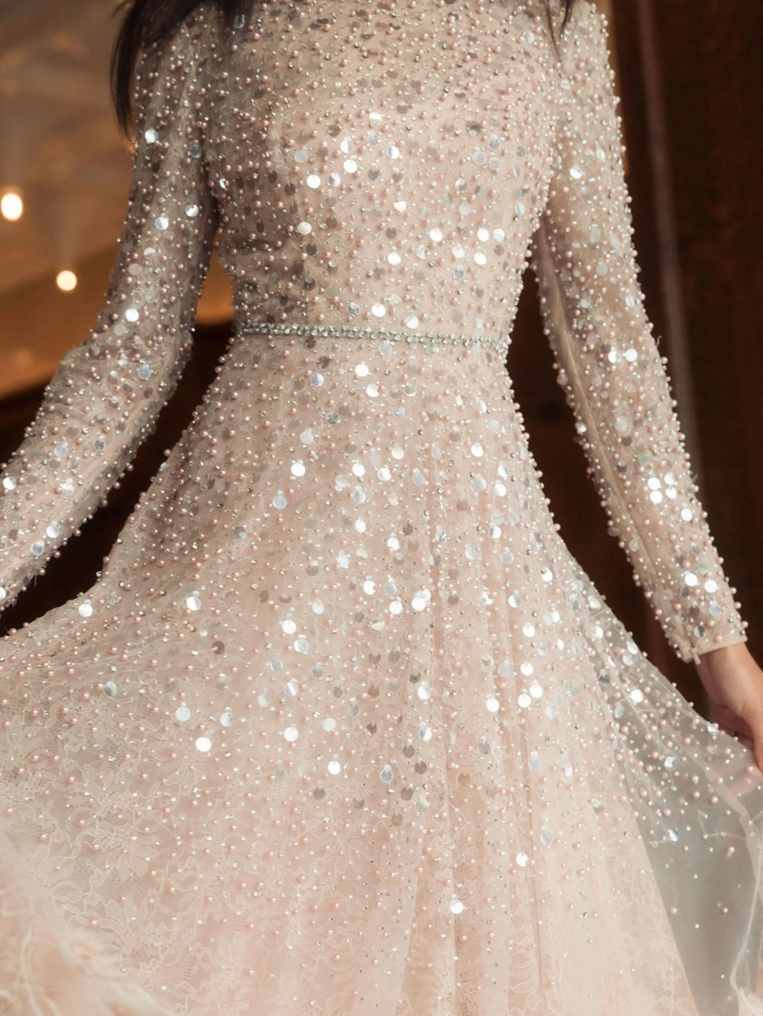 Pink Disc Embellished Sequin Gown with Feather Detail - Image 7