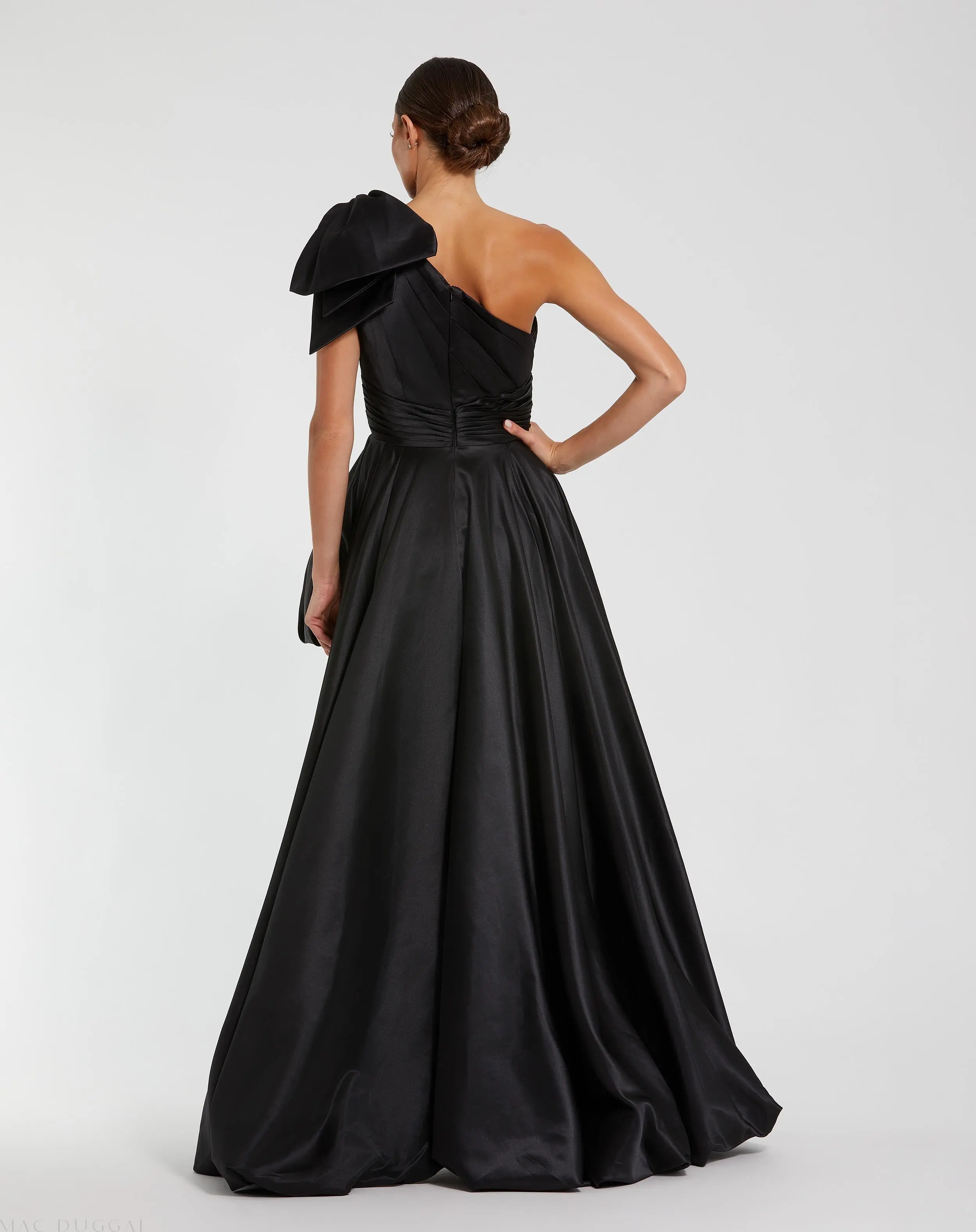 Black Satin One Shoulder Bow Gown - Image 3