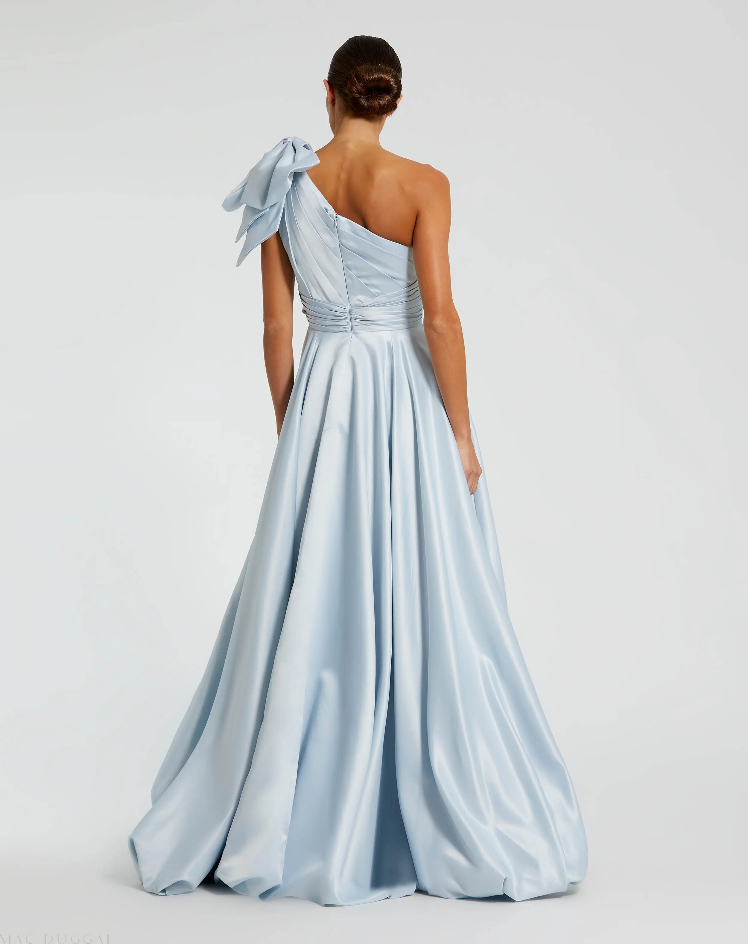 Blue Satin One Shoulder Bow Gown - Image 3