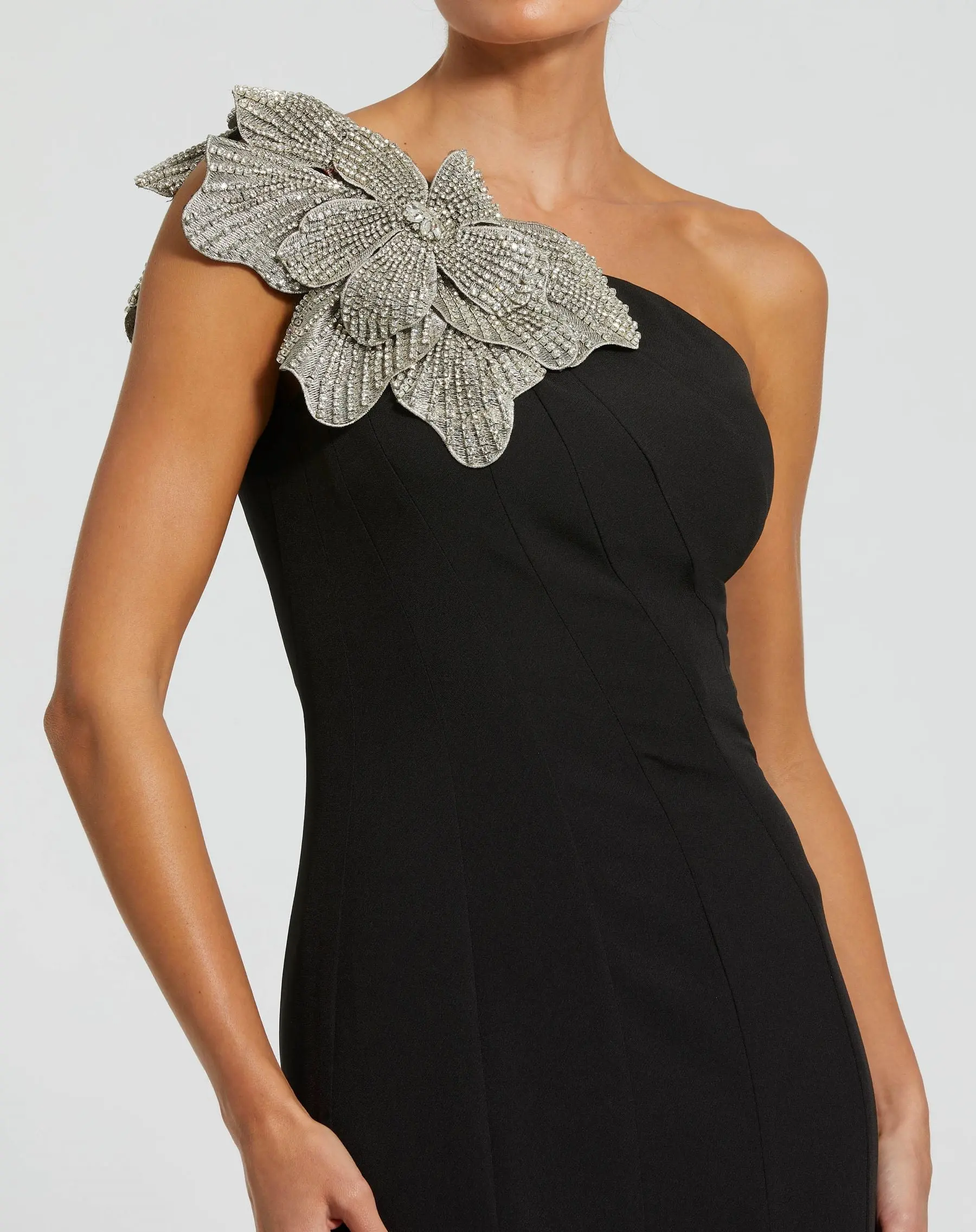 Black Crepe One Shoulder Gown With Crystal Flower - Image 2