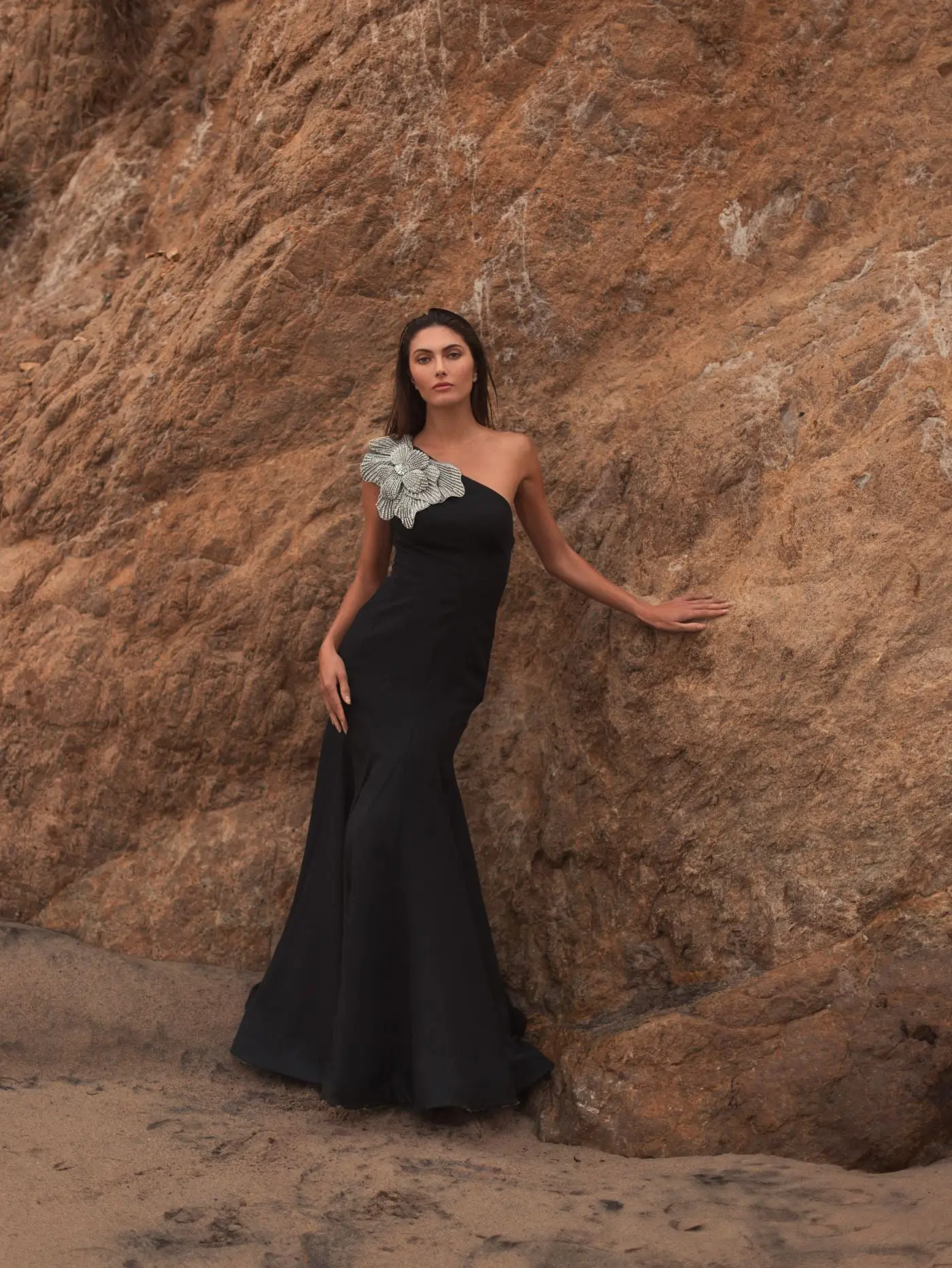 Black Crepe One Shoulder Gown With Crystal Flower - Image 4