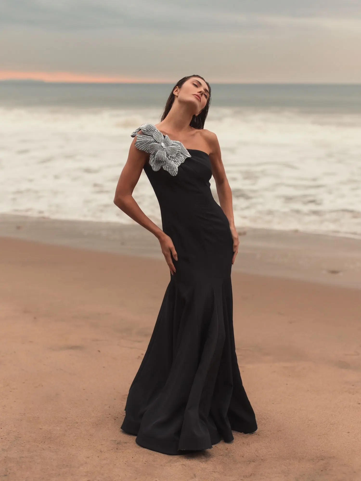 Black Crepe One Shoulder Gown With Crystal Flower - Image 5