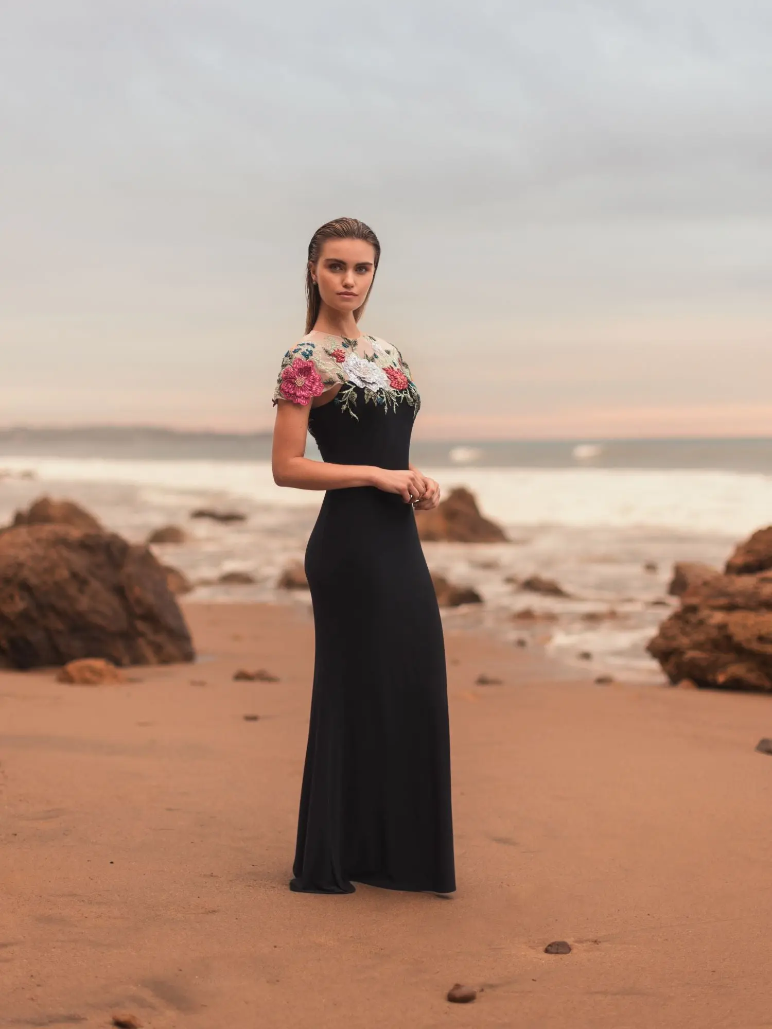Black Floral Embellished Jersey Column Gown - Image 4
