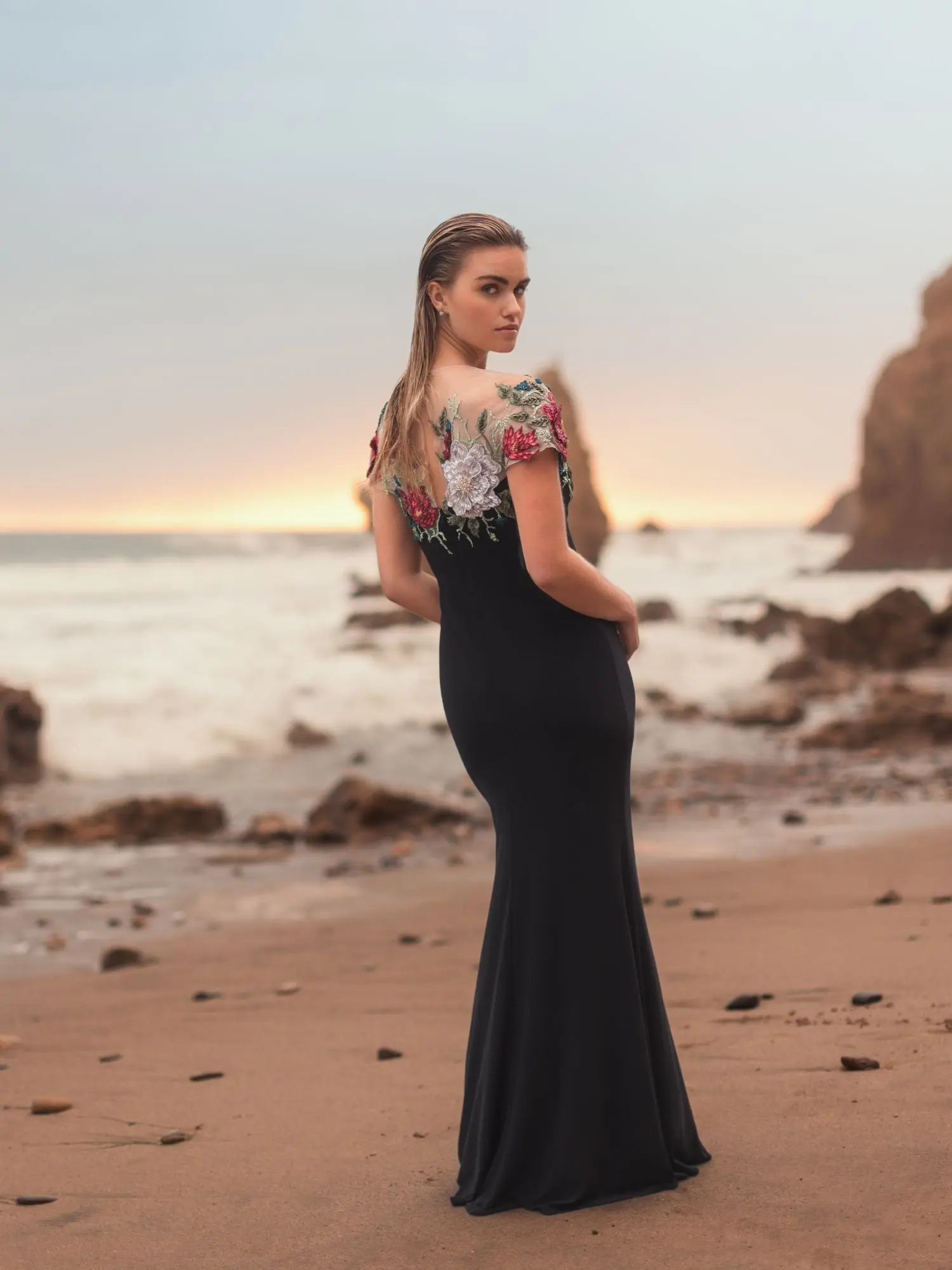 Black Floral Embellished Jersey Column Gown - Image 7