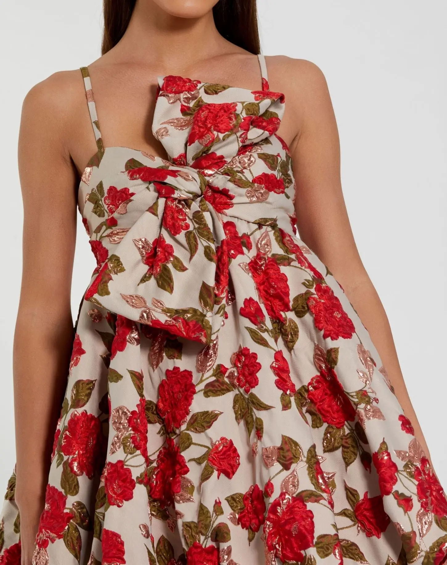 Multicolor Brocade Bubble Skirt Mini Dress with Bow - Image 2