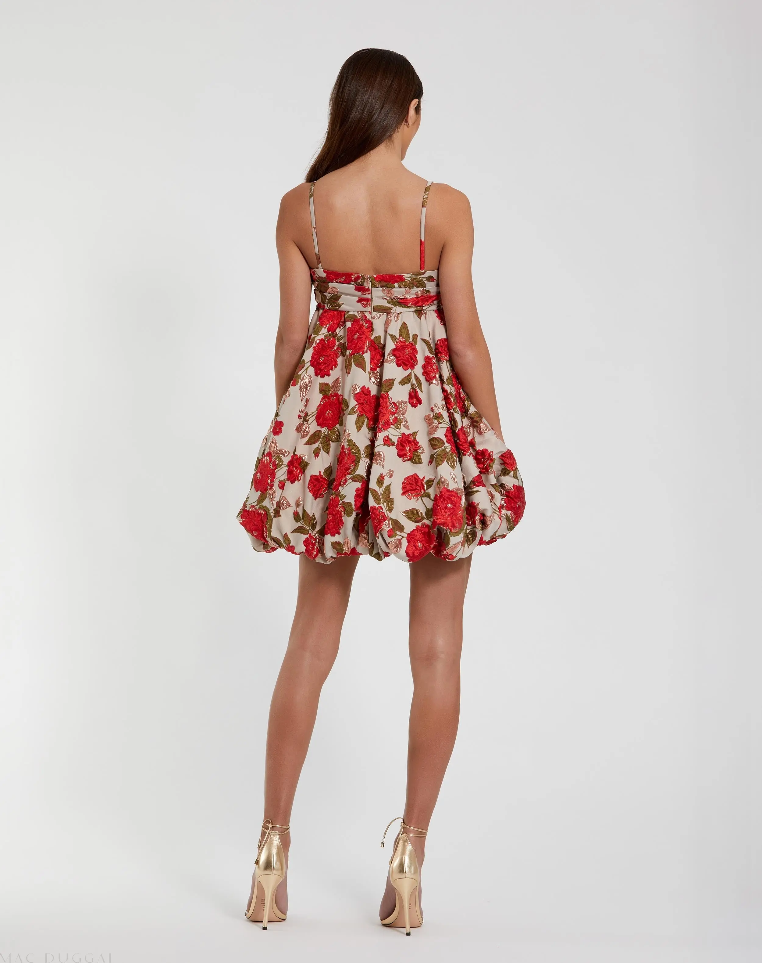 Multicolor Brocade Bubble Skirt Mini Dress with Bow - Image 3