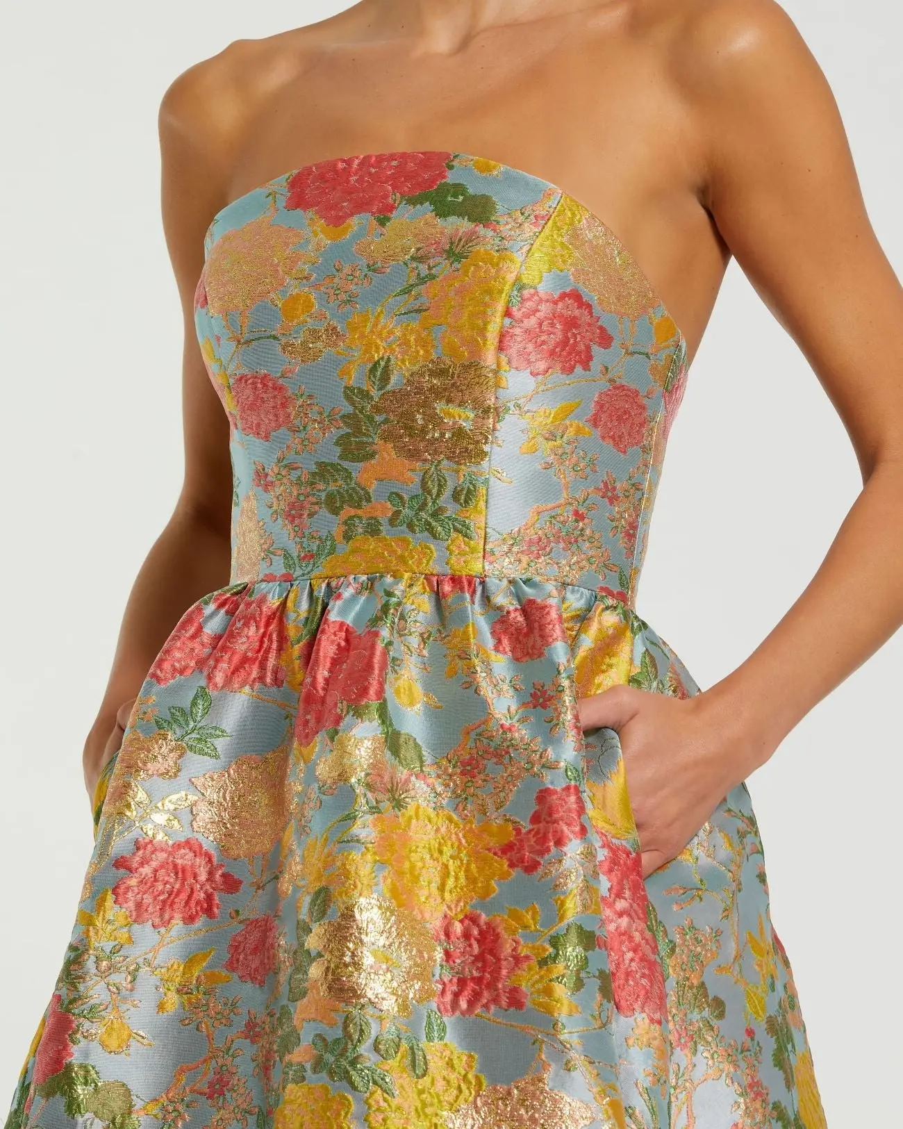 Multicolor Strapless Floral Brocade Dress with Ruffles - Image 2