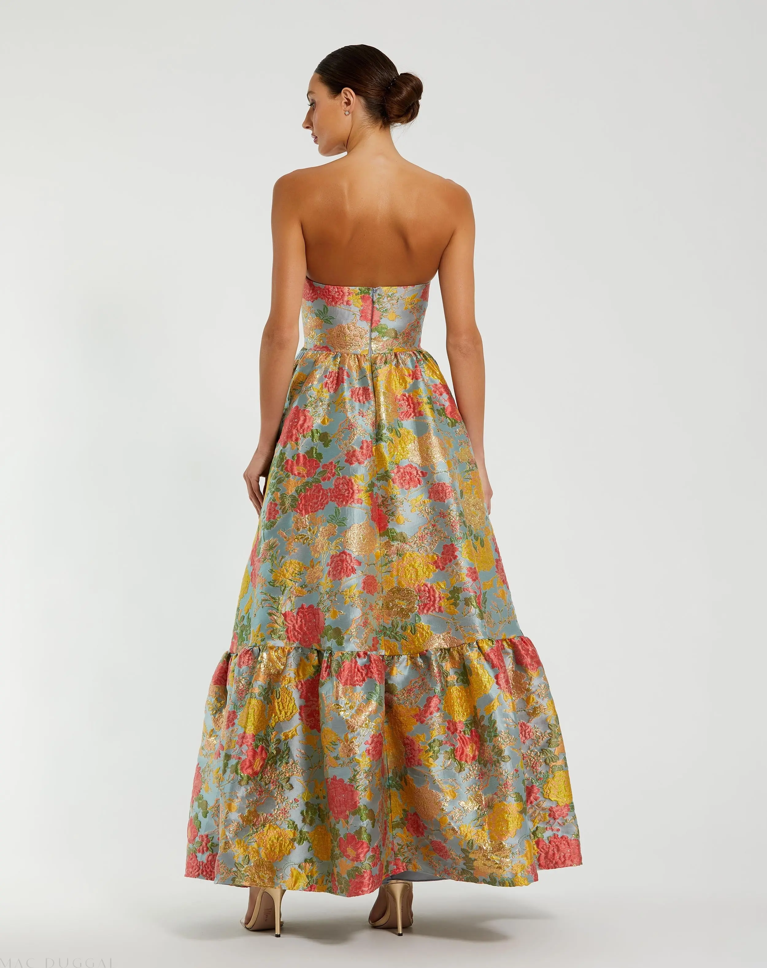 Multicolor Strapless Floral Brocade Dress with Ruffles - Image 3