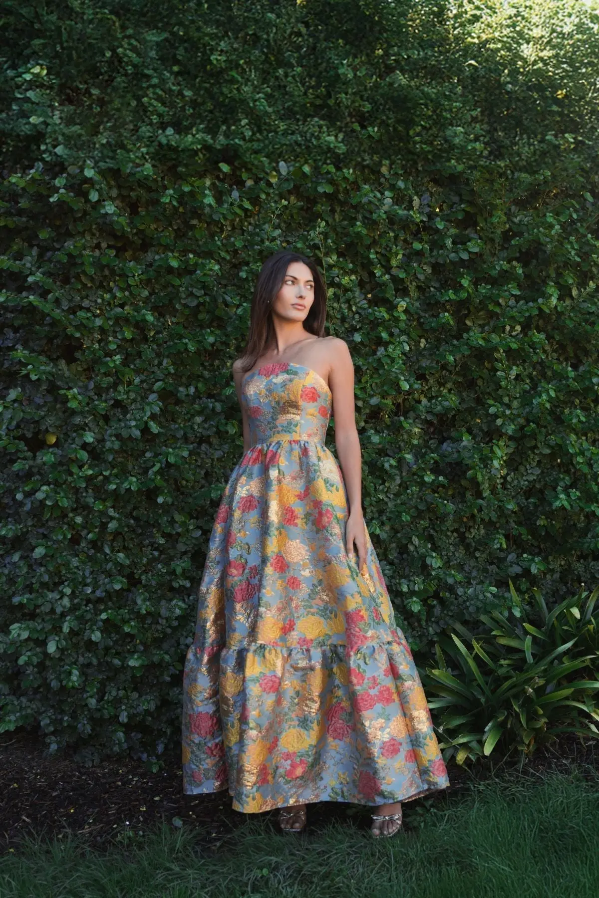 Multicolor Strapless Floral Brocade Dress with Ruffles - Image 4