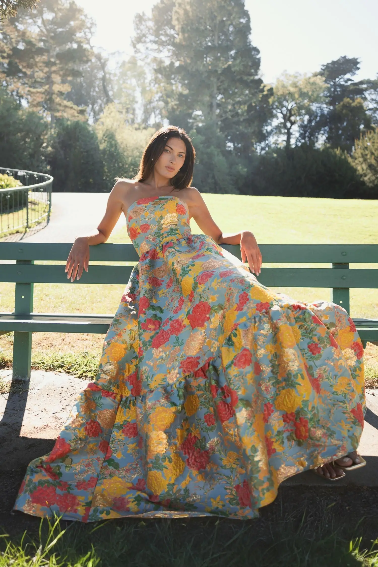 Multicolor Strapless Floral Brocade Dress with Ruffles - Image 6