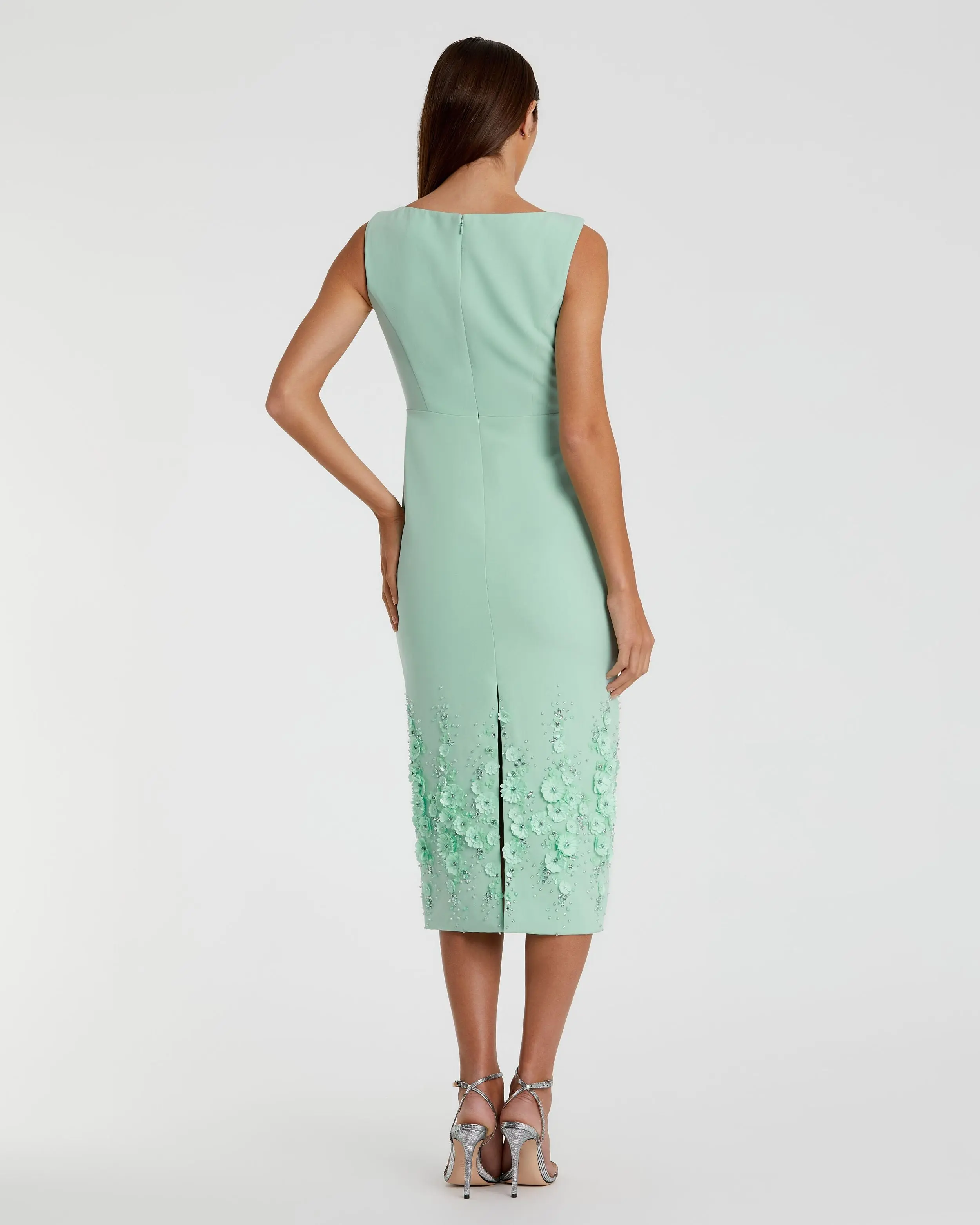 Green Crepe Sleeveless Midi Dress With Flower Beading - Image 3