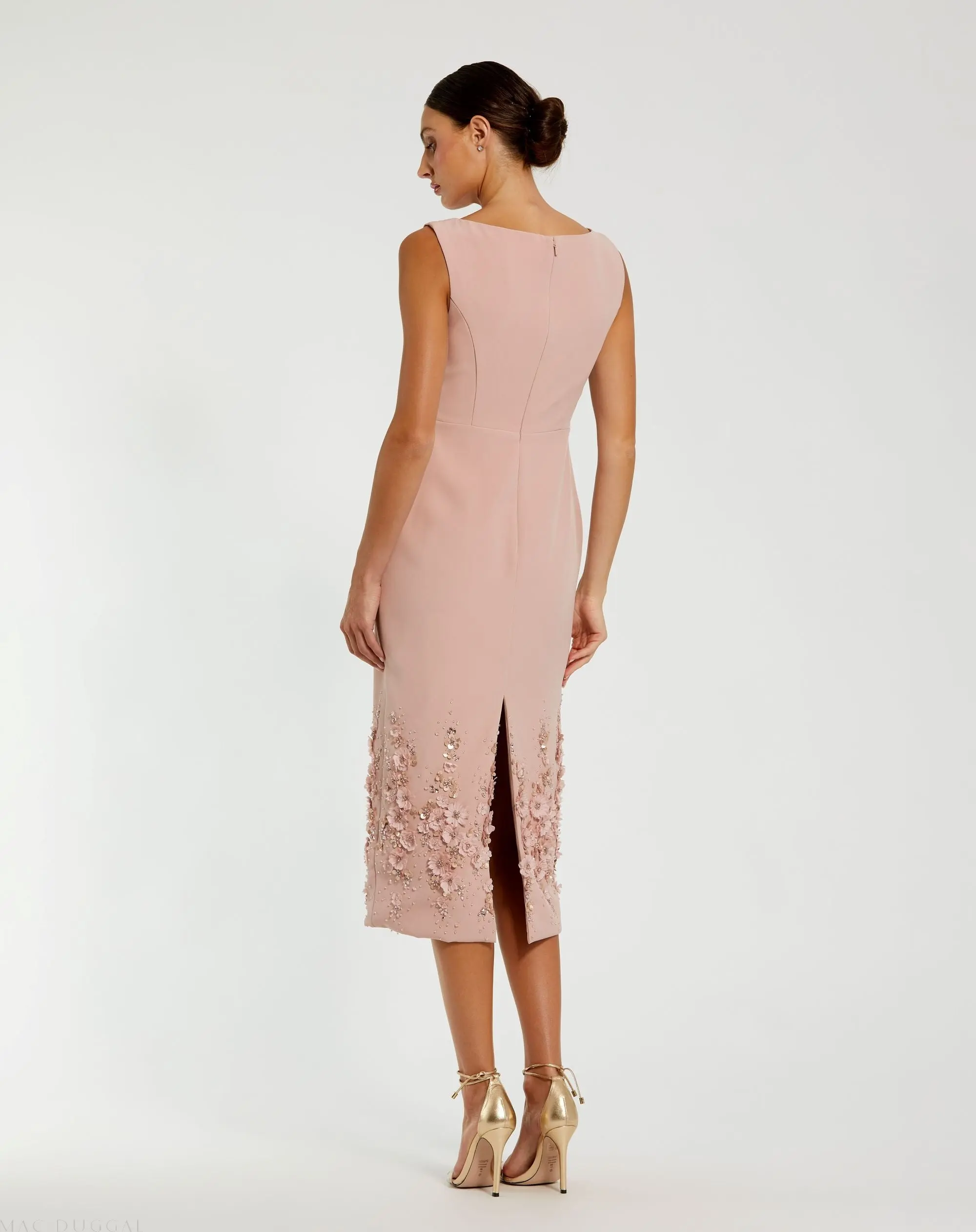 Pink Crepe Sleeveless Midi Dress With Flower Beading - Image 3