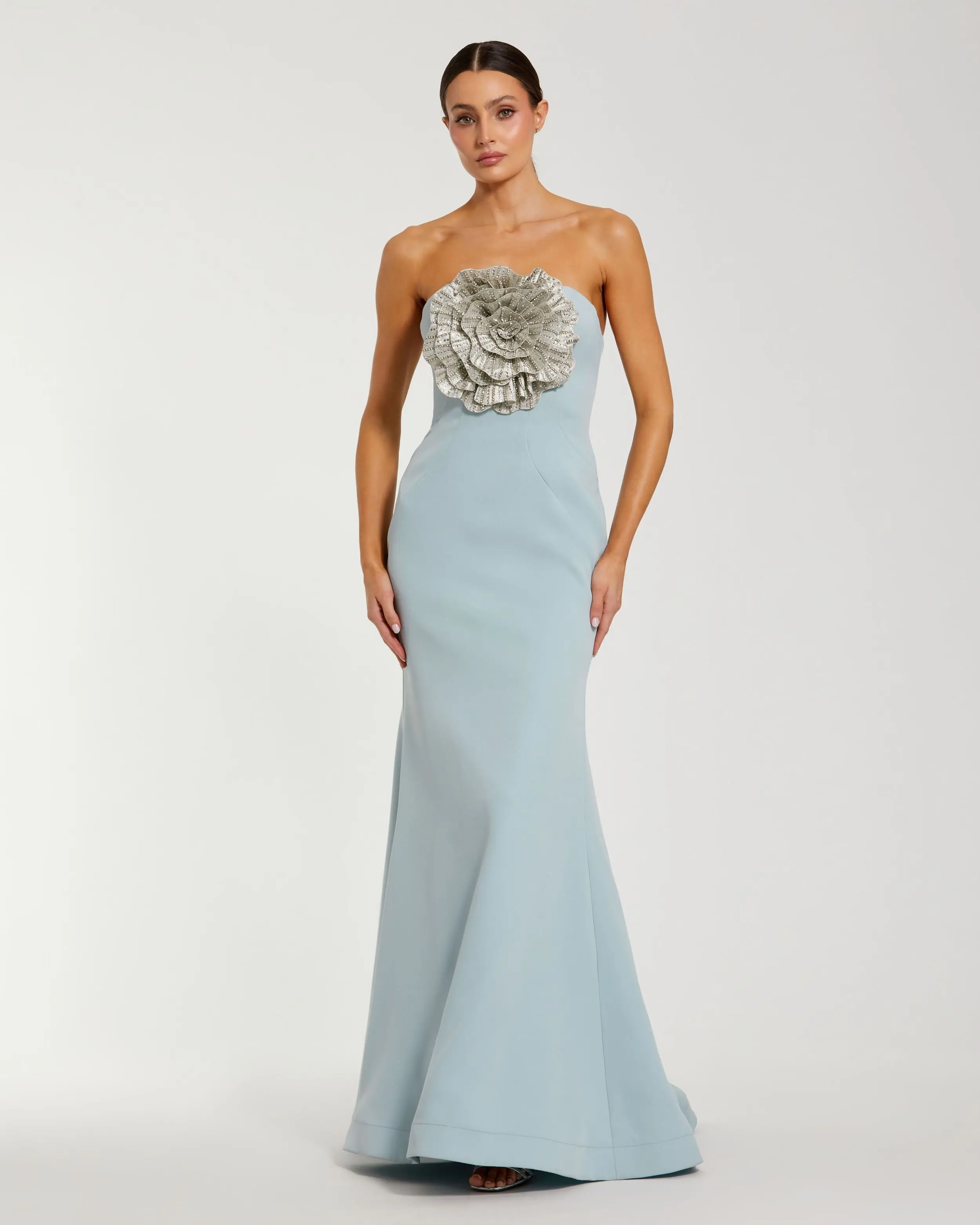 Blue Strapless Crepe Trumpet Gown with 3D Rhinestone Flower
