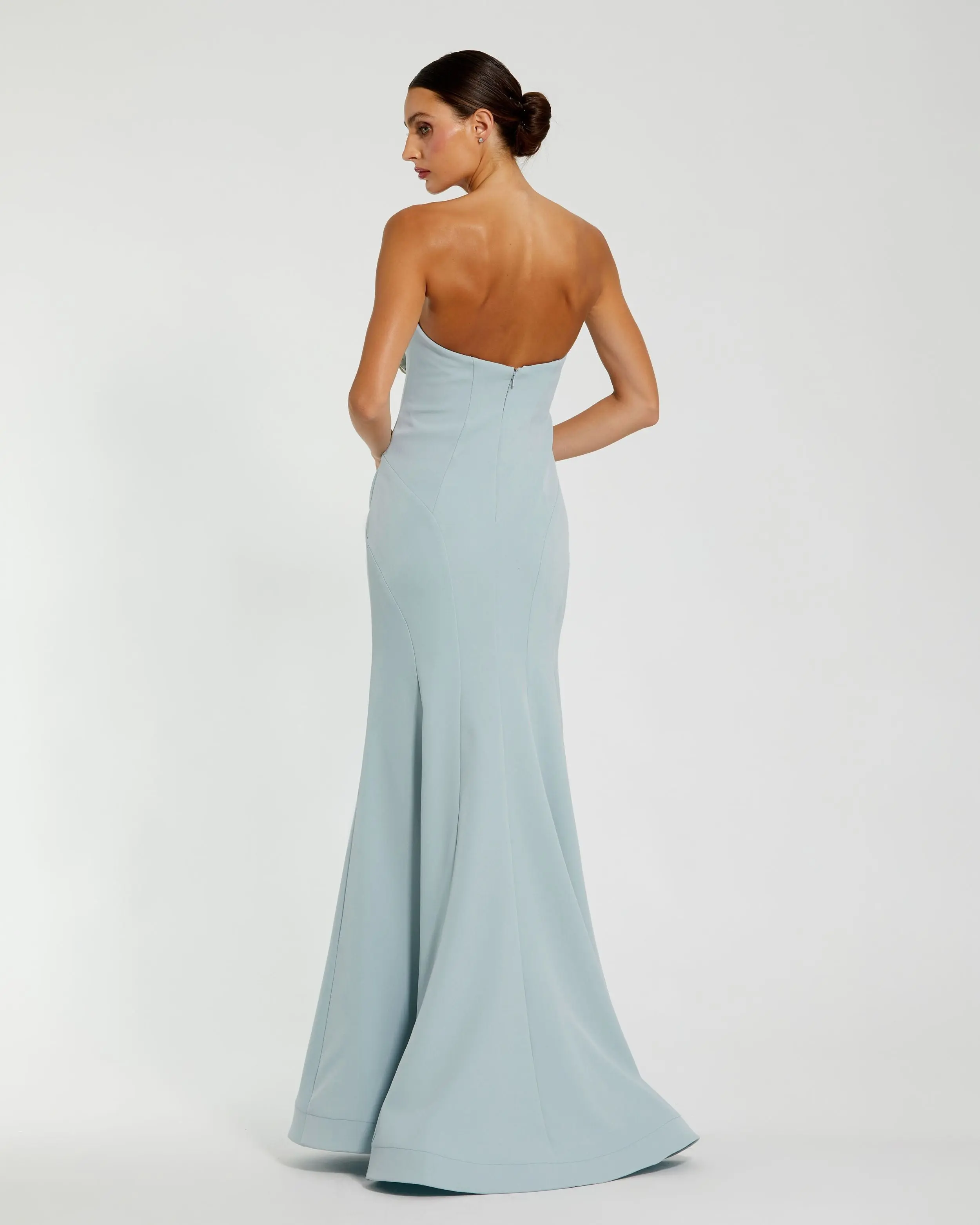 Blue Strapless Crepe Trumpet Gown with 3D Rhinestone Flower - Image 3
