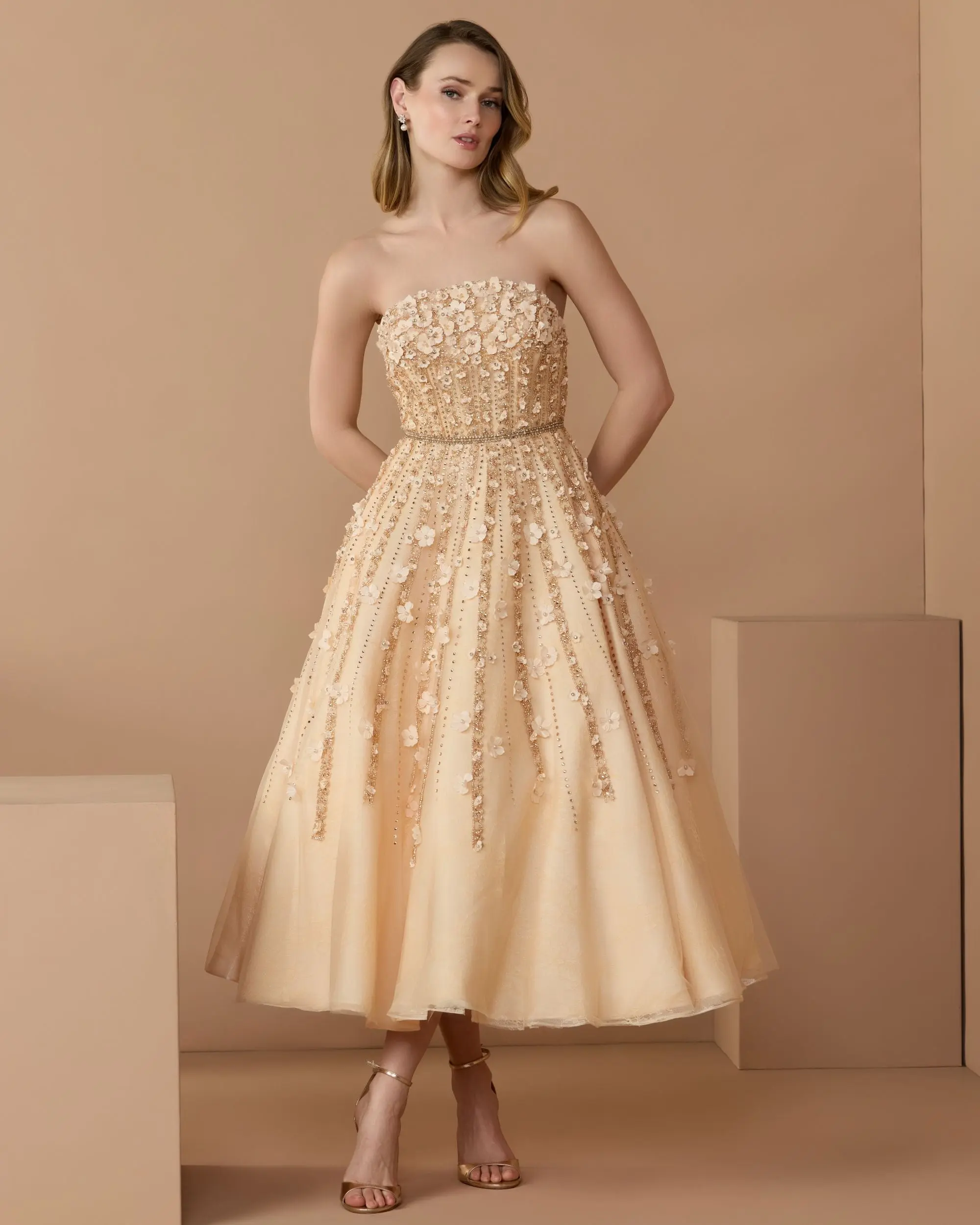 Beige Floral Embellished Strapless A-Line Midi Dress