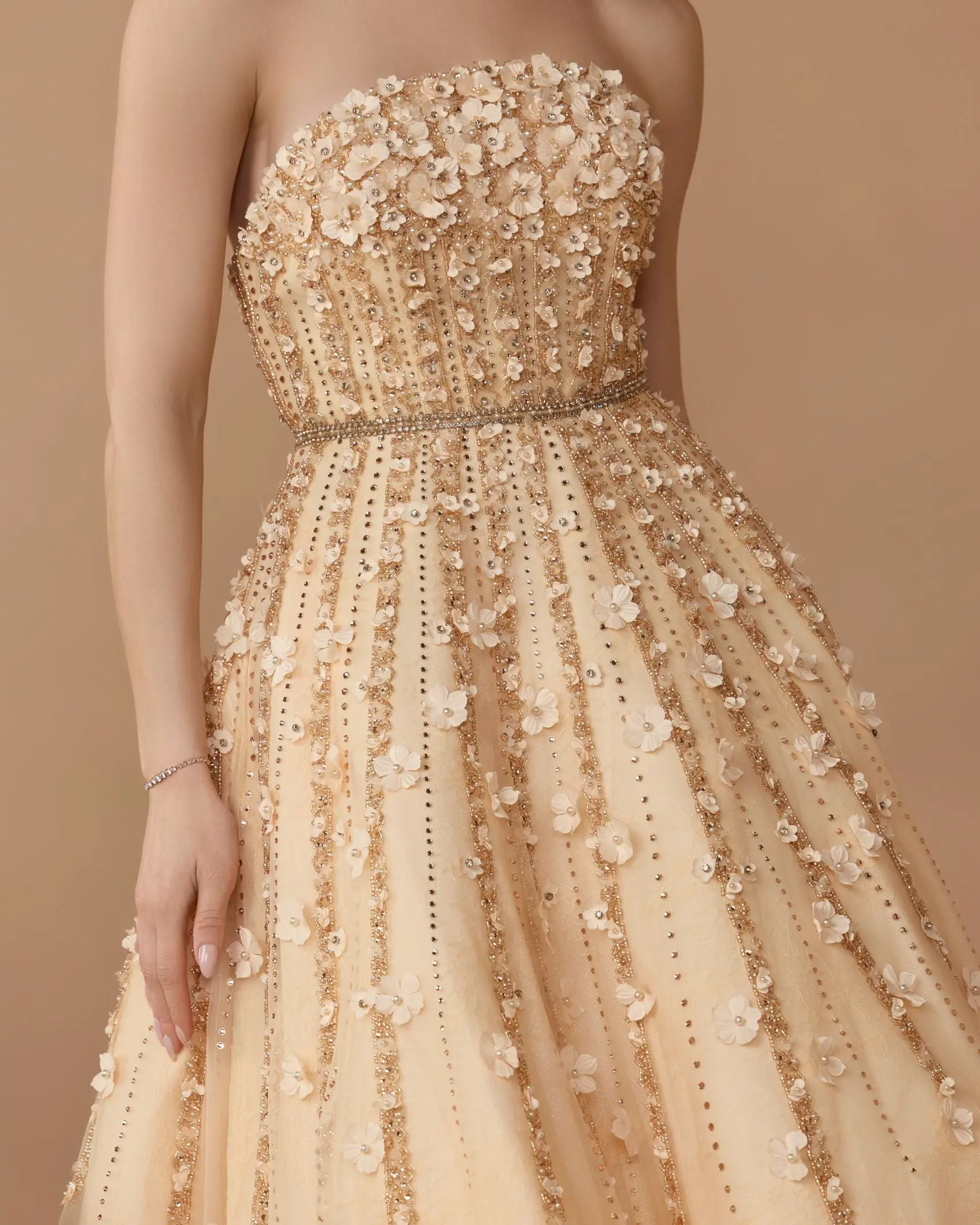 Beige Floral Embellished Strapless A-Line Midi Dress - Image 2