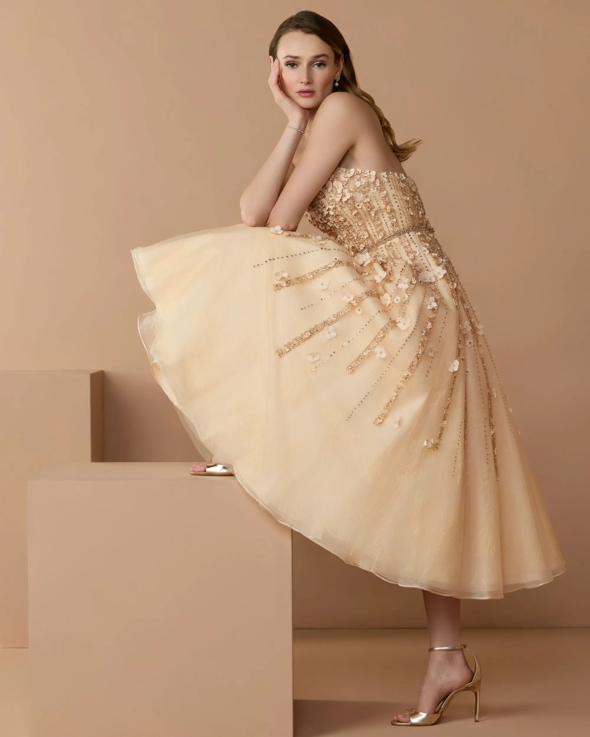 Beige Floral Embellished Strapless A-Line Midi Dress - Image 3