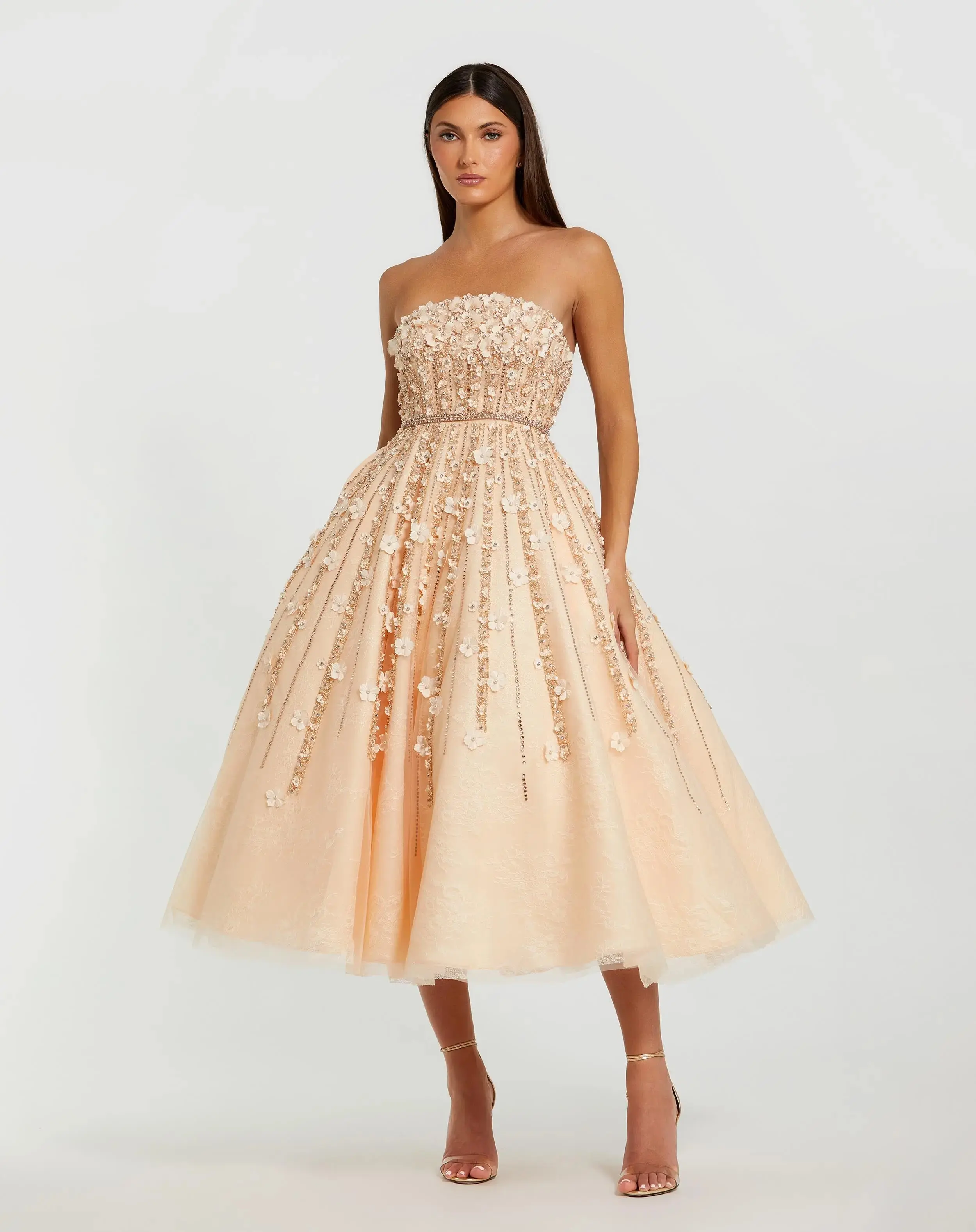 Beige Floral Embellished Strapless A-Line Midi Dress - Image 4
