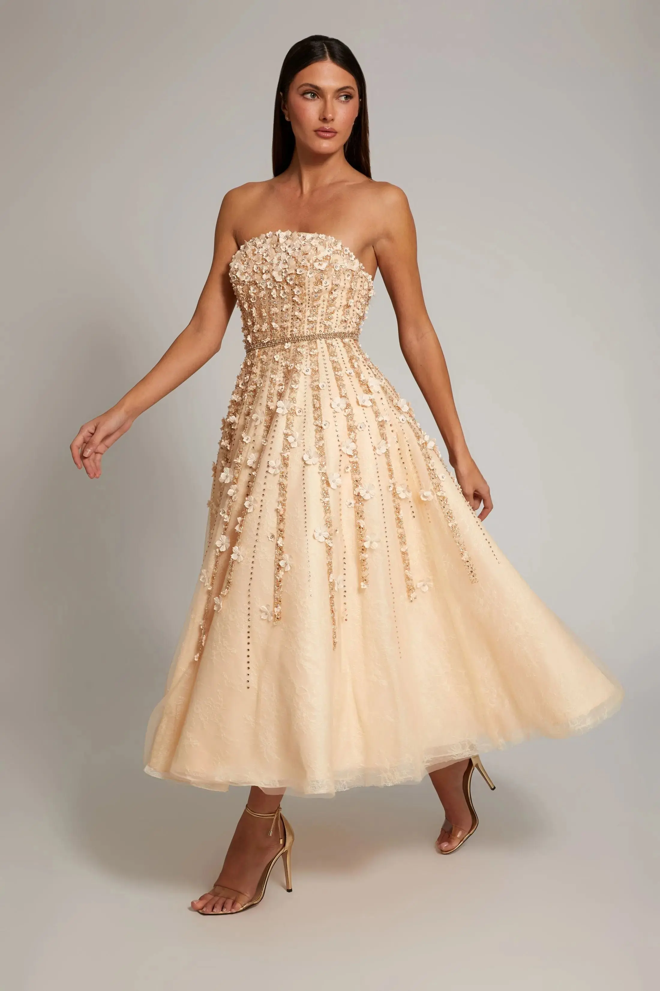 Beige Floral Embellished Strapless A-Line Midi Dress - Image 7