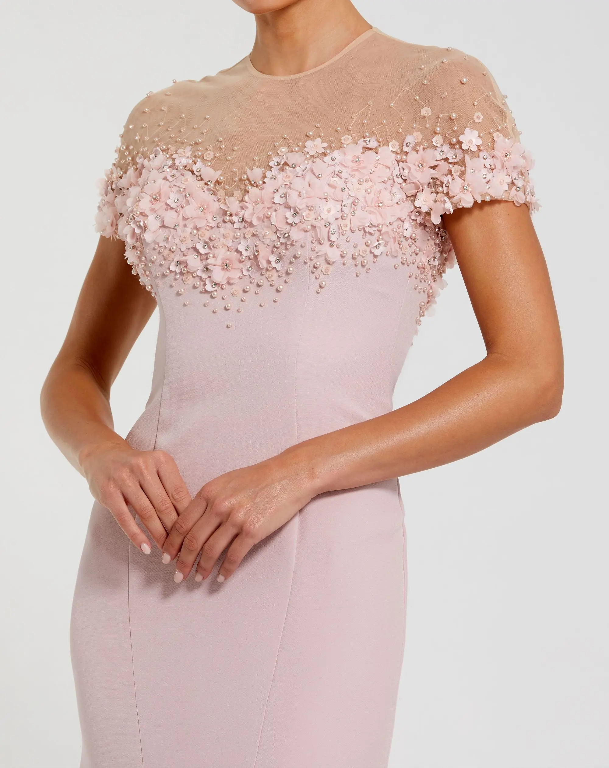 Pink Crepe Mermaid Gown With Beaded Illusion Neck - Image 2