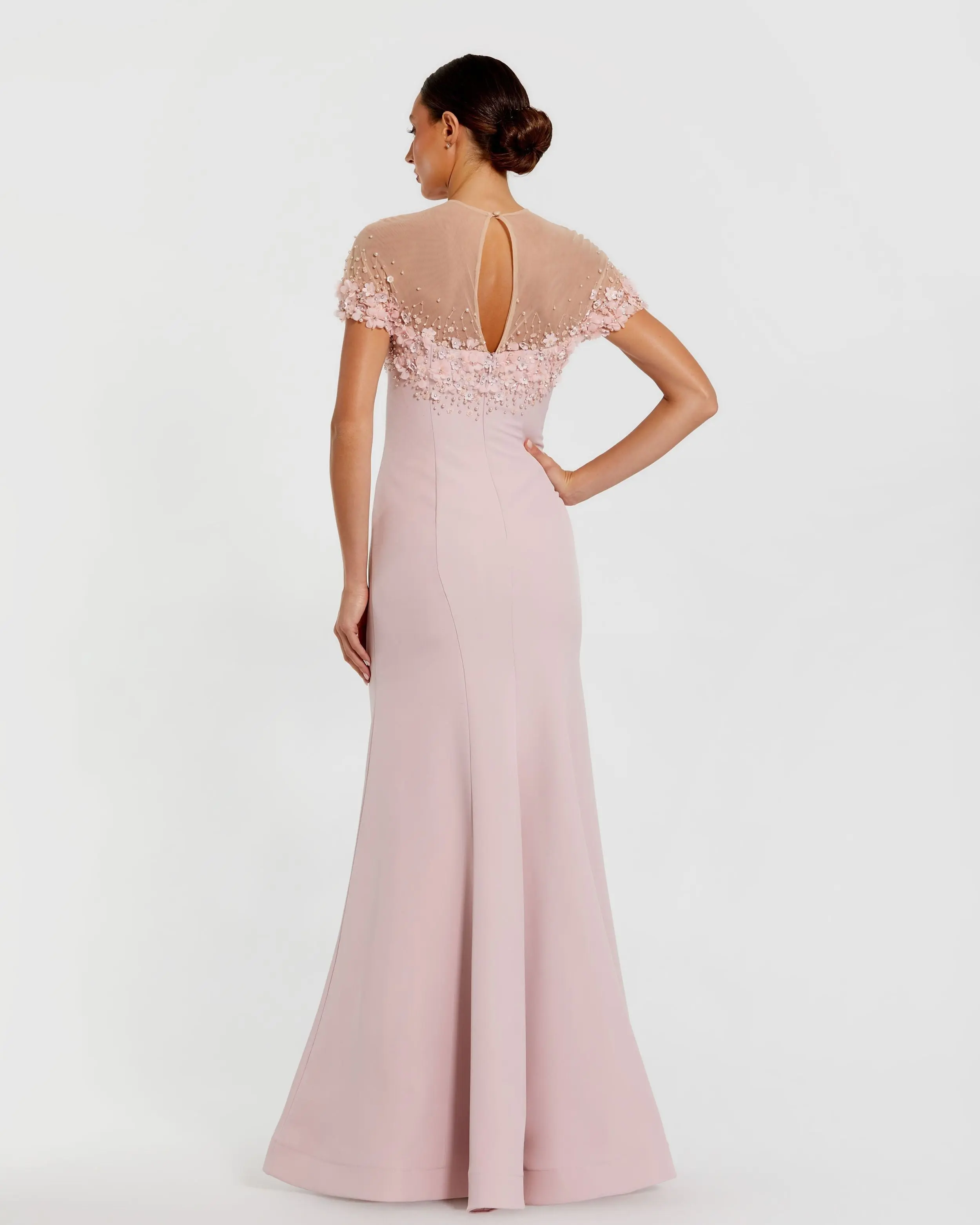 Pink Crepe Mermaid Gown With Beaded Illusion Neck - Image 3