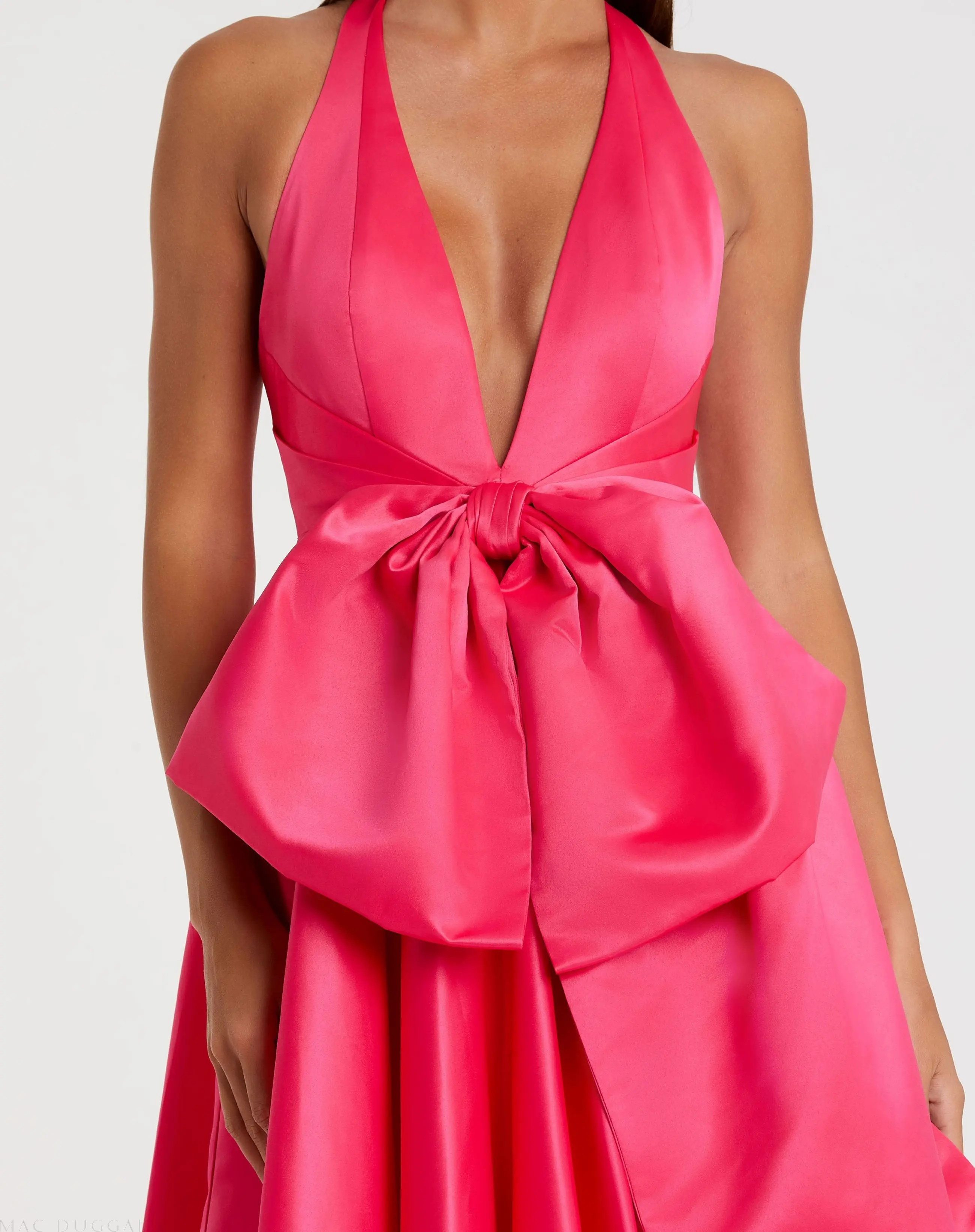 Pink Deep V Satin Ballgown with Oversized Bow - Image 2