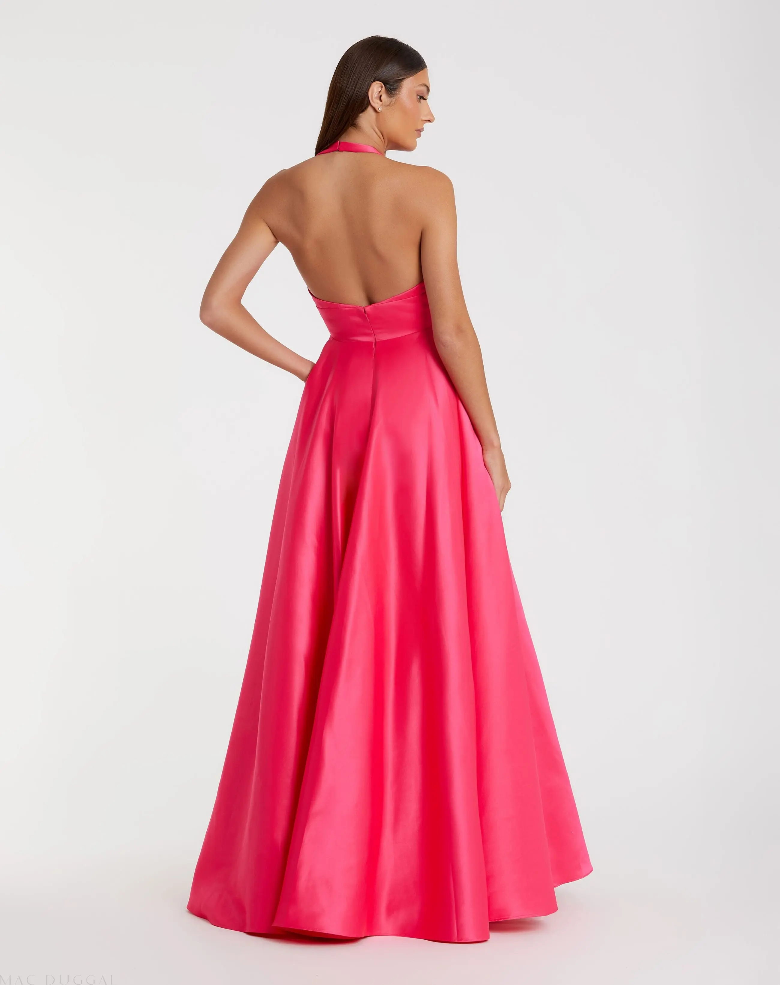 Pink Deep V Satin Ballgown with Oversized Bow - Image 3