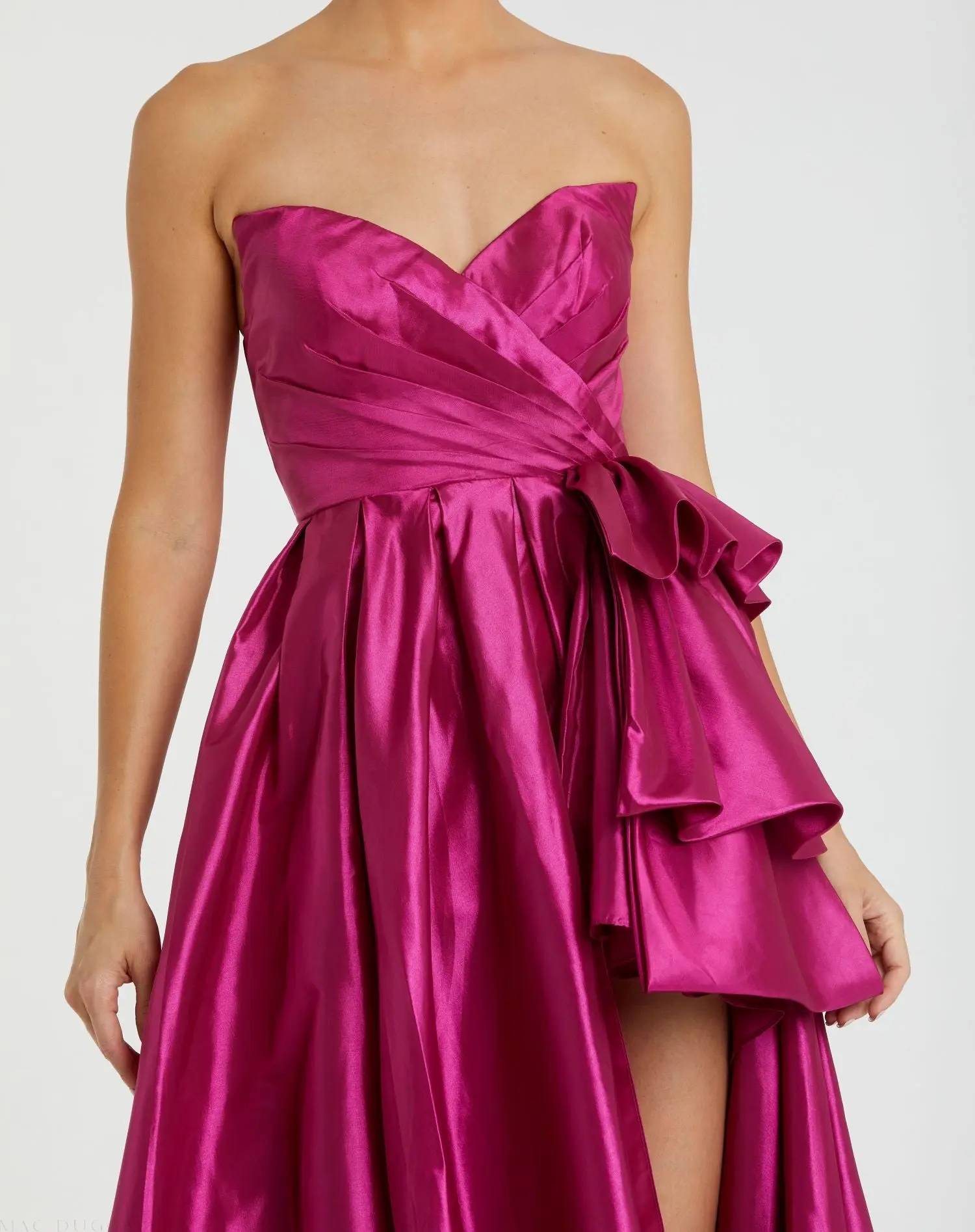 Pink Strapless Taffeta Gown with Ruffles and Slit - Image 2