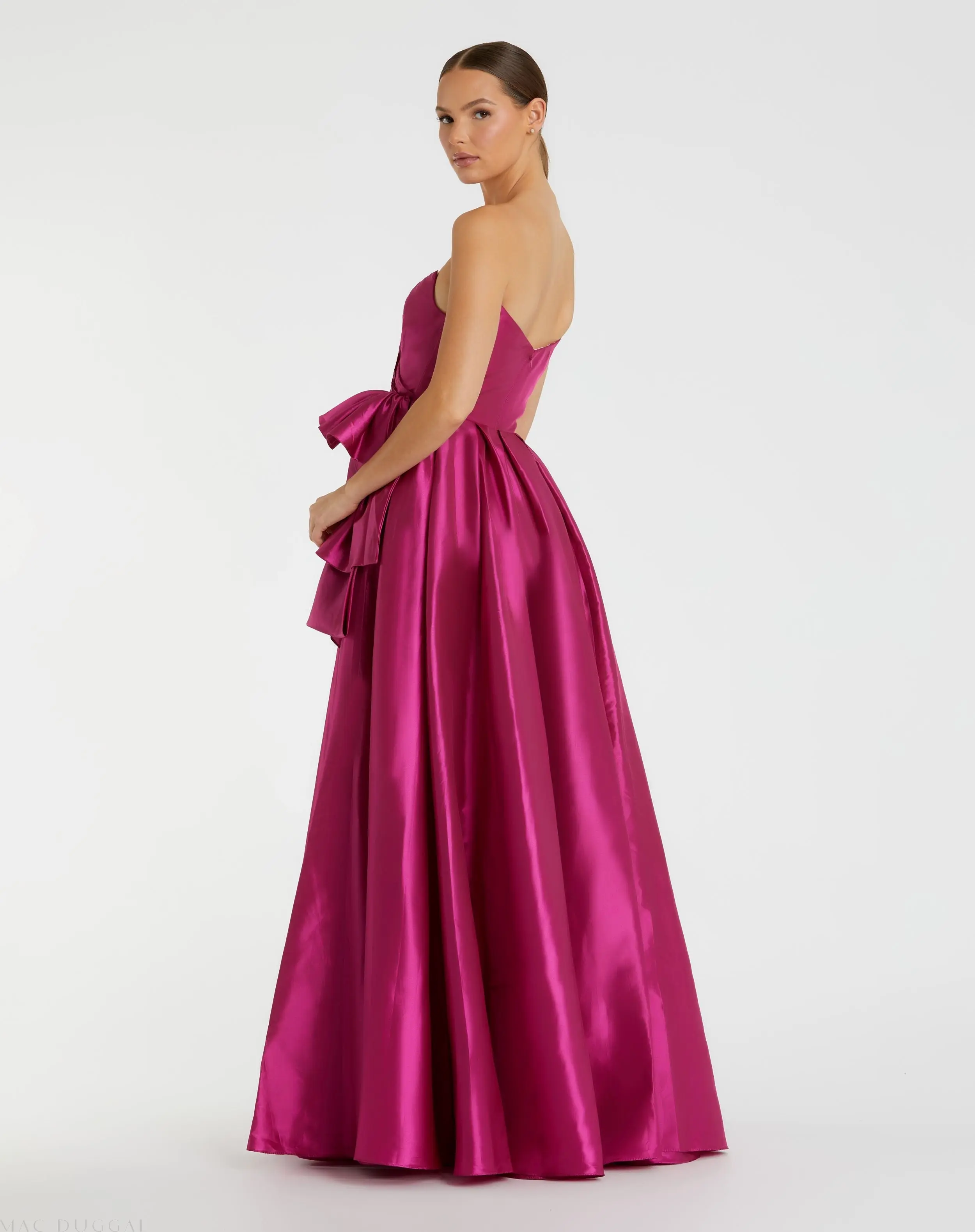 Pink Strapless Taffeta Gown with Ruffles and Slit - Image 3