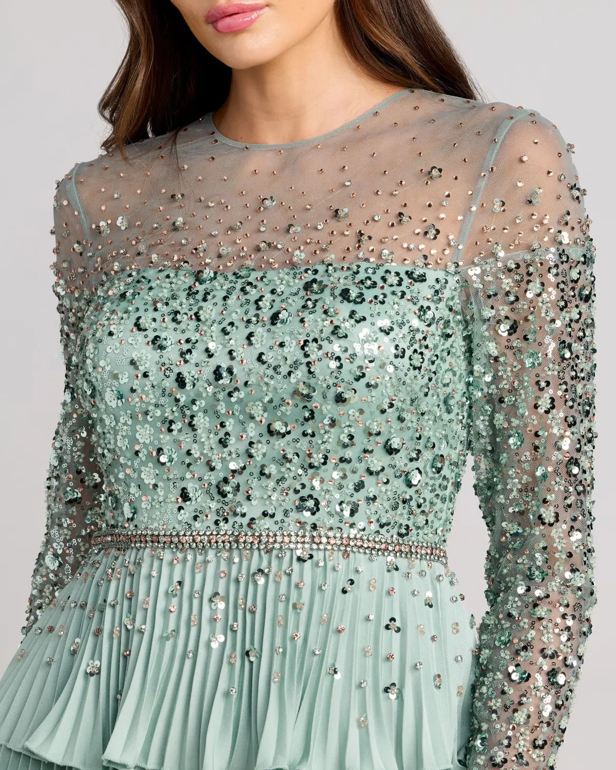 Green Embellished Illusion Long Sleeve Ruffle Gown - Image 2