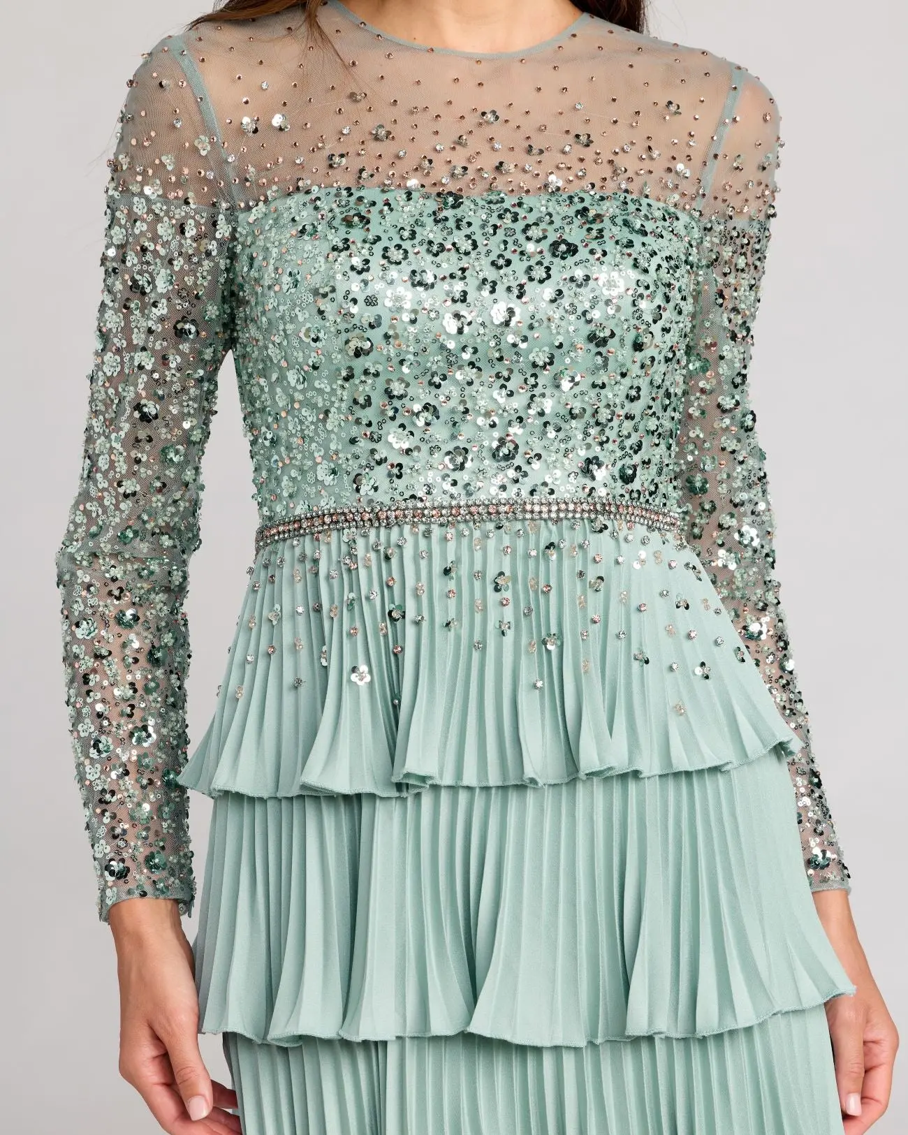 Green Embellished Illusion Long Sleeve Ruffle Gown - Image 3