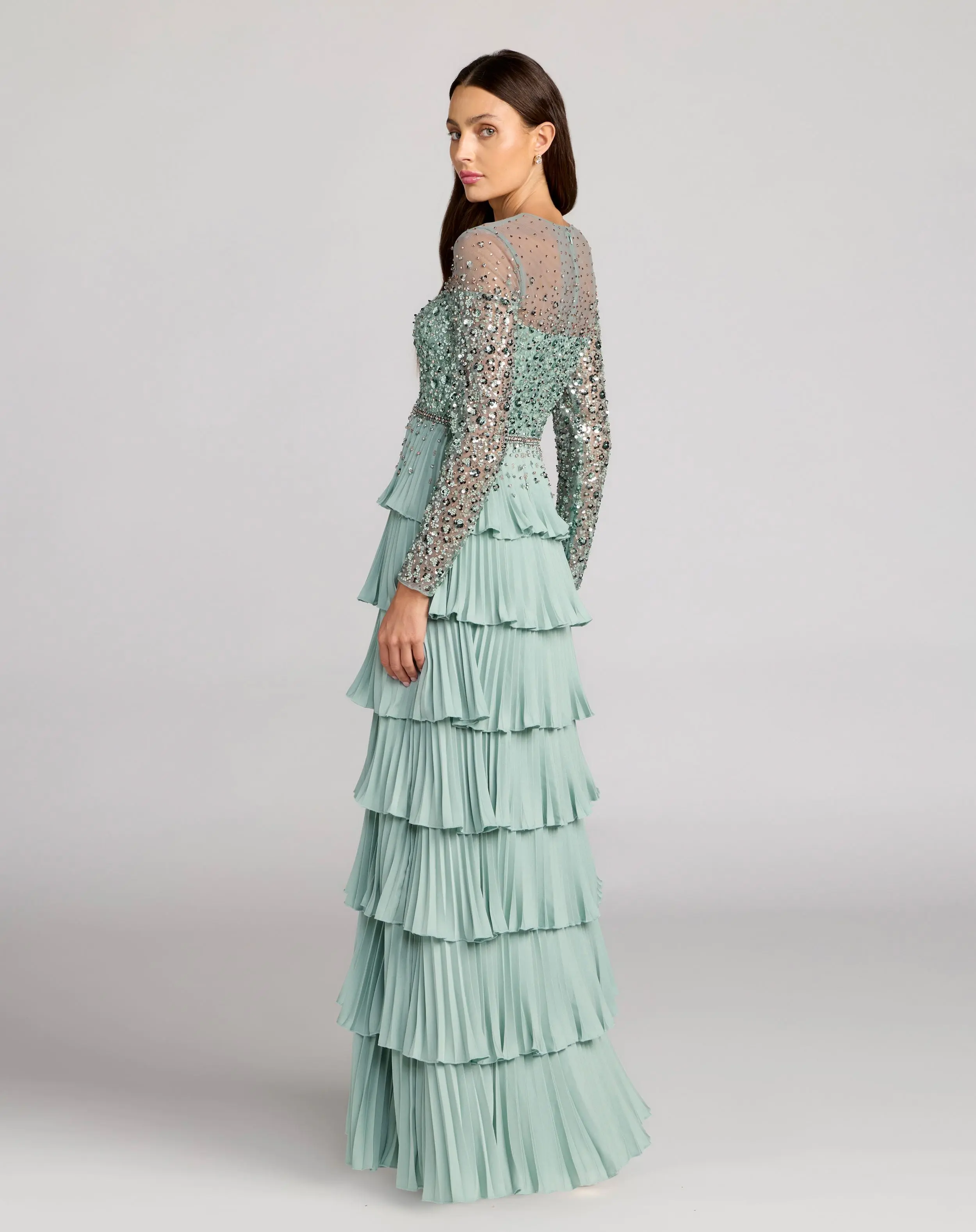 Green Embellished Illusion Long Sleeve Ruffle Gown - Image 4