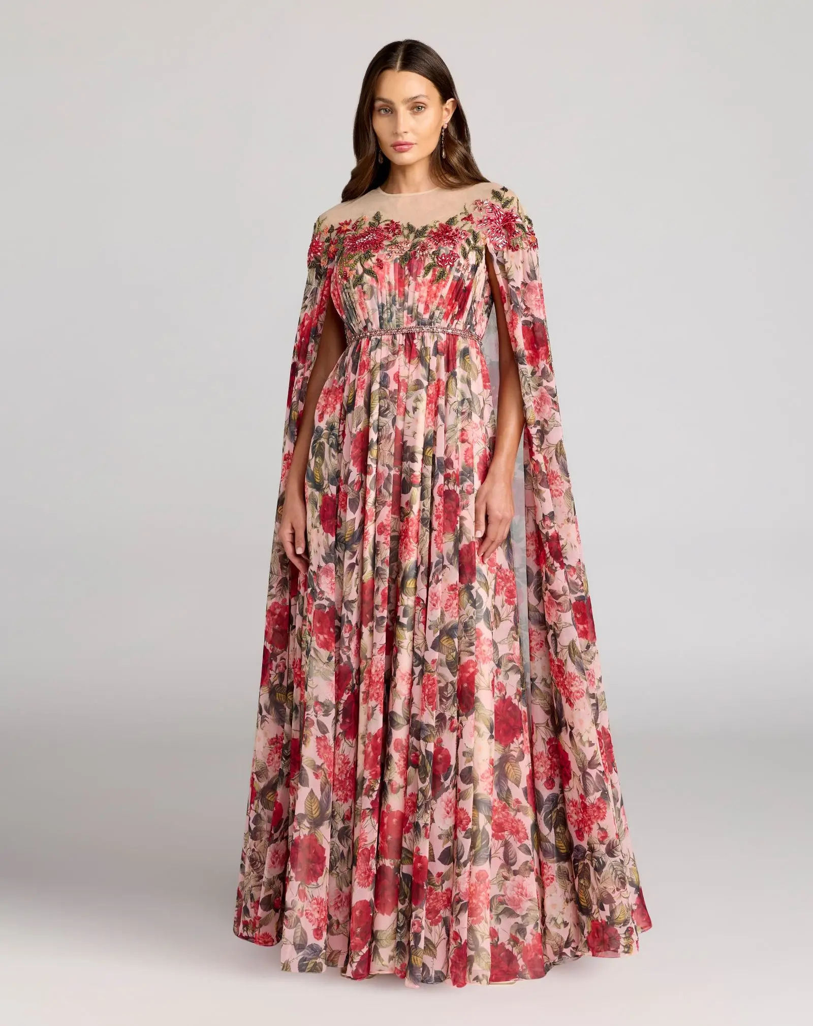 Multicolor Floral Printed Chiffon High Neck Cape Gown