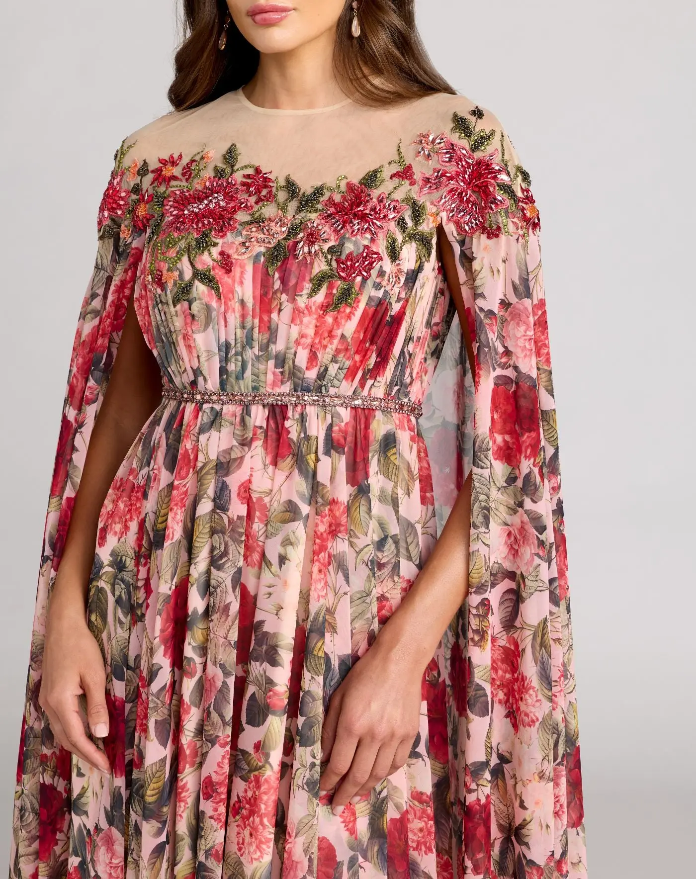 Multicolor Floral Printed Chiffon High Neck Cape Gown - Image 2