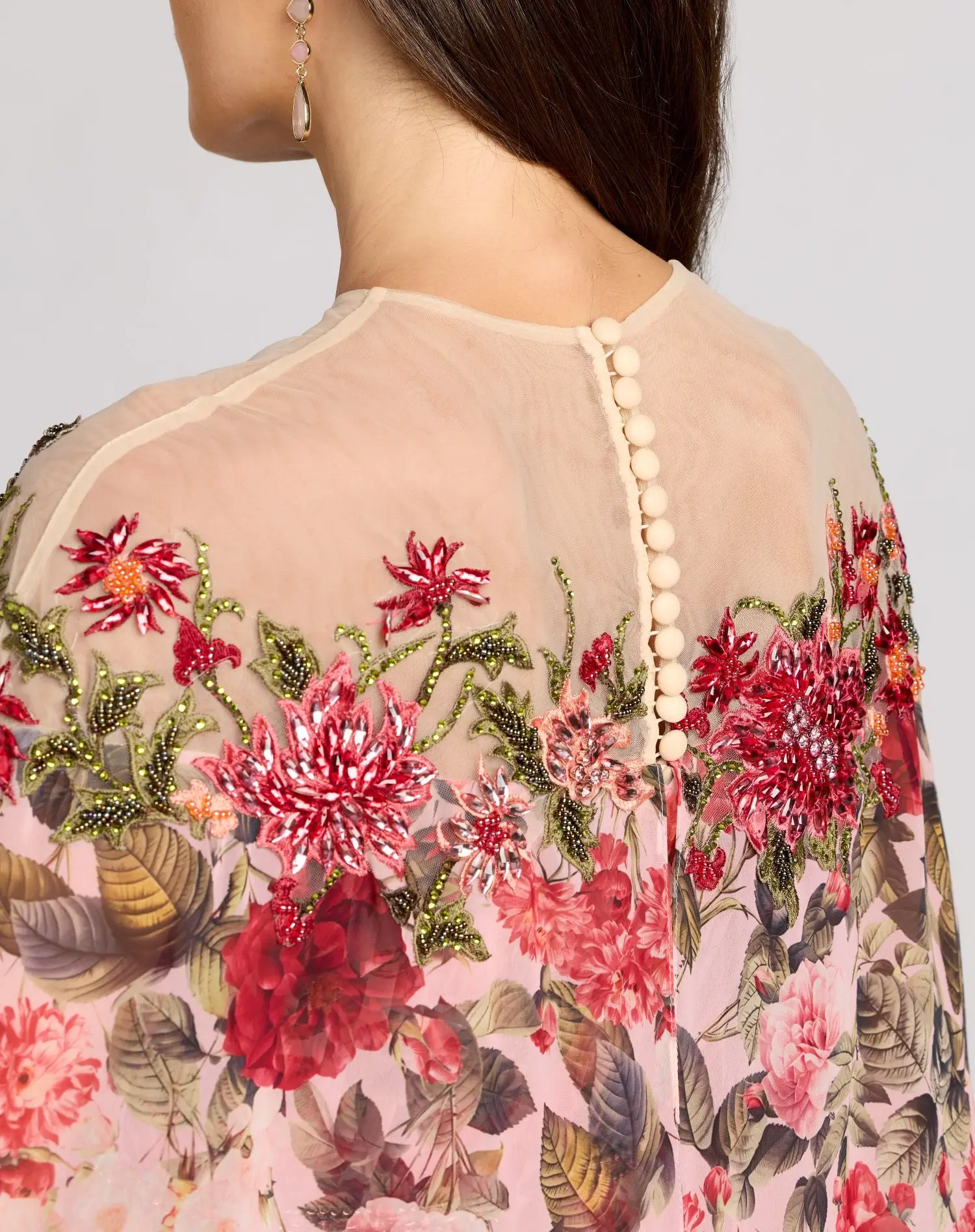 Multicolor Floral Printed Chiffon High Neck Cape Gown - Image 3