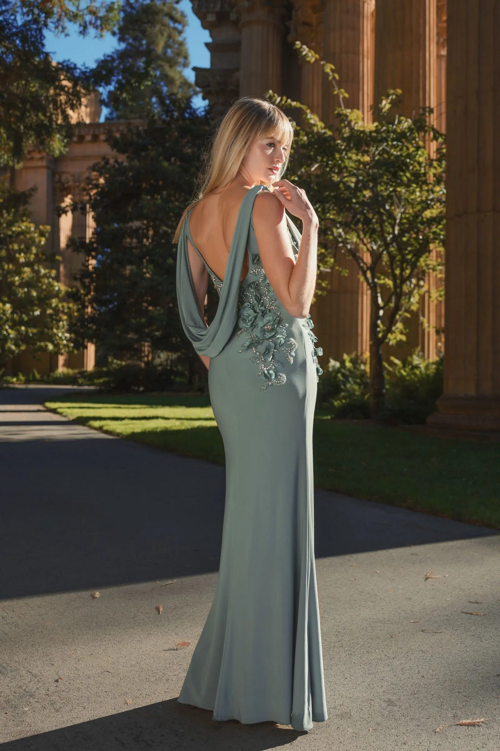 Green Sleeveless Jersey Cowl Neck Gown With Beading - Image 6
