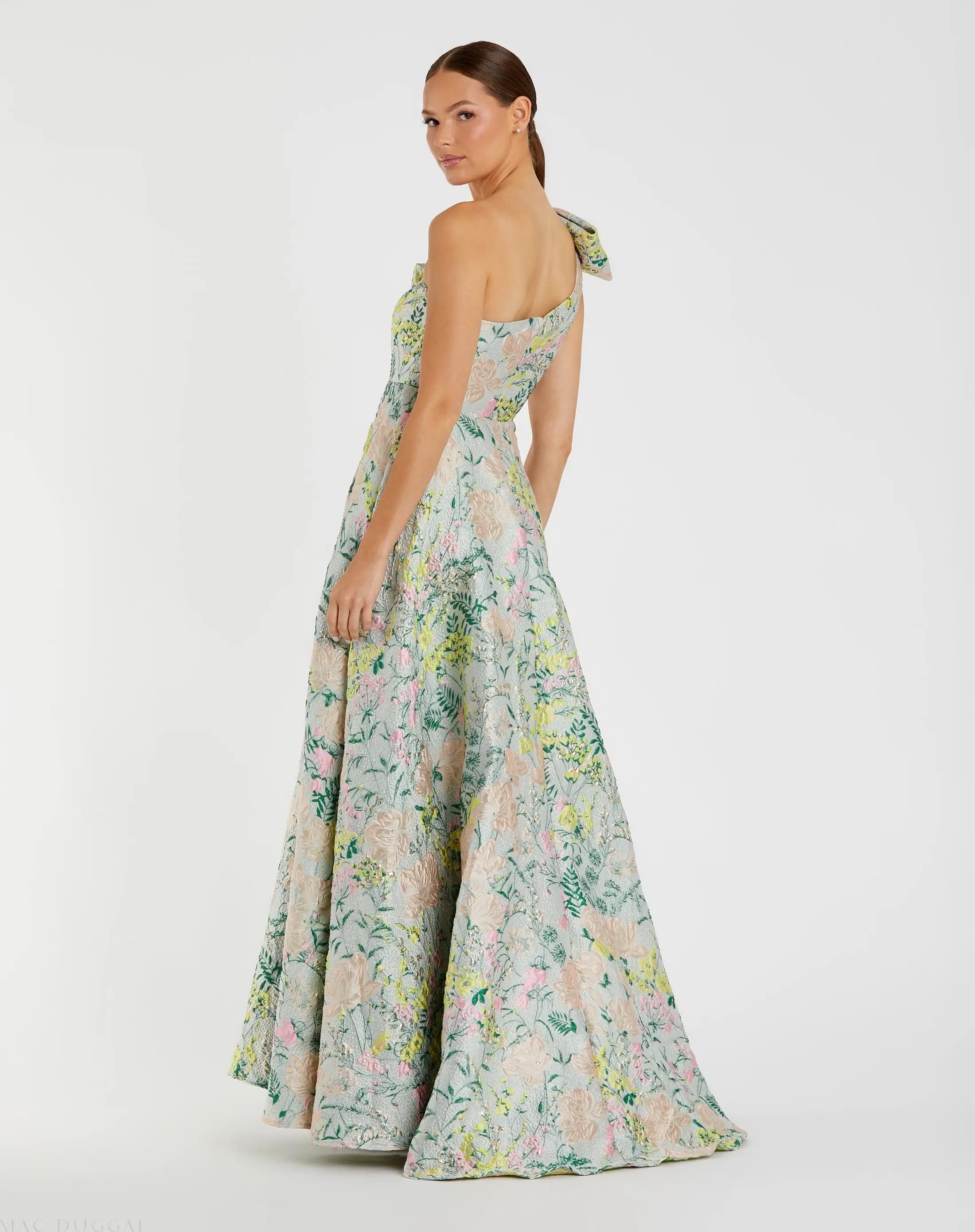 Multicolor One Shoulder Brocade Floral Gown With Bow - Image 3