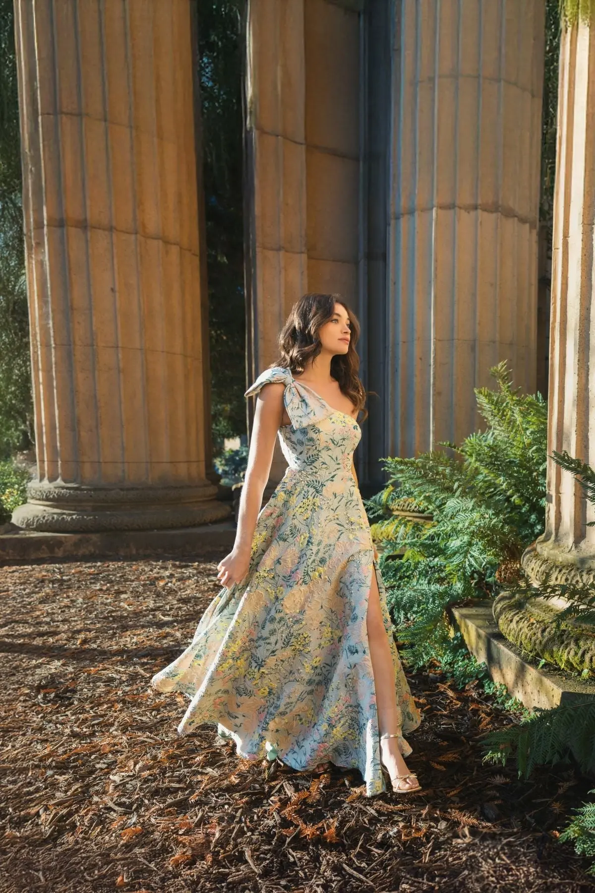 Multicolor One Shoulder Brocade Floral Gown With Bow - Image 4