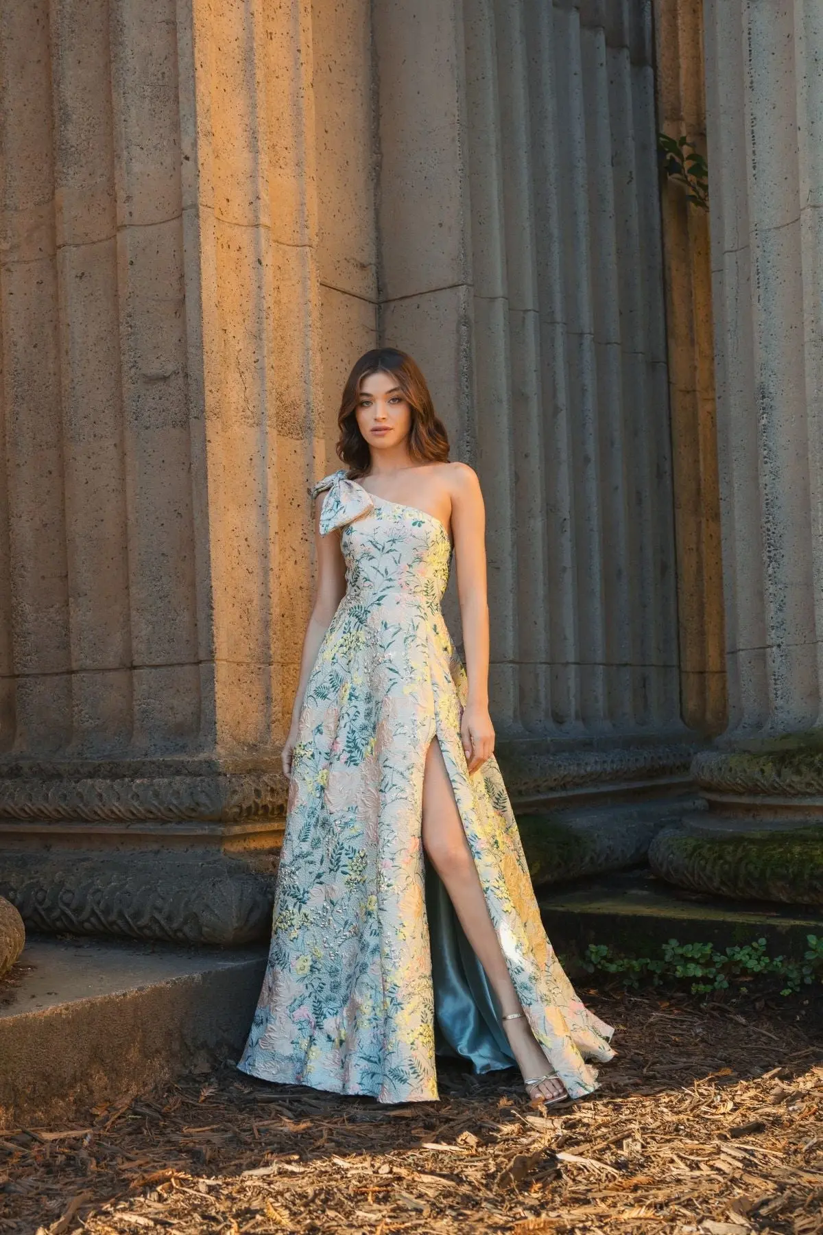 Multicolor One Shoulder Brocade Floral Gown With Bow - Image 6