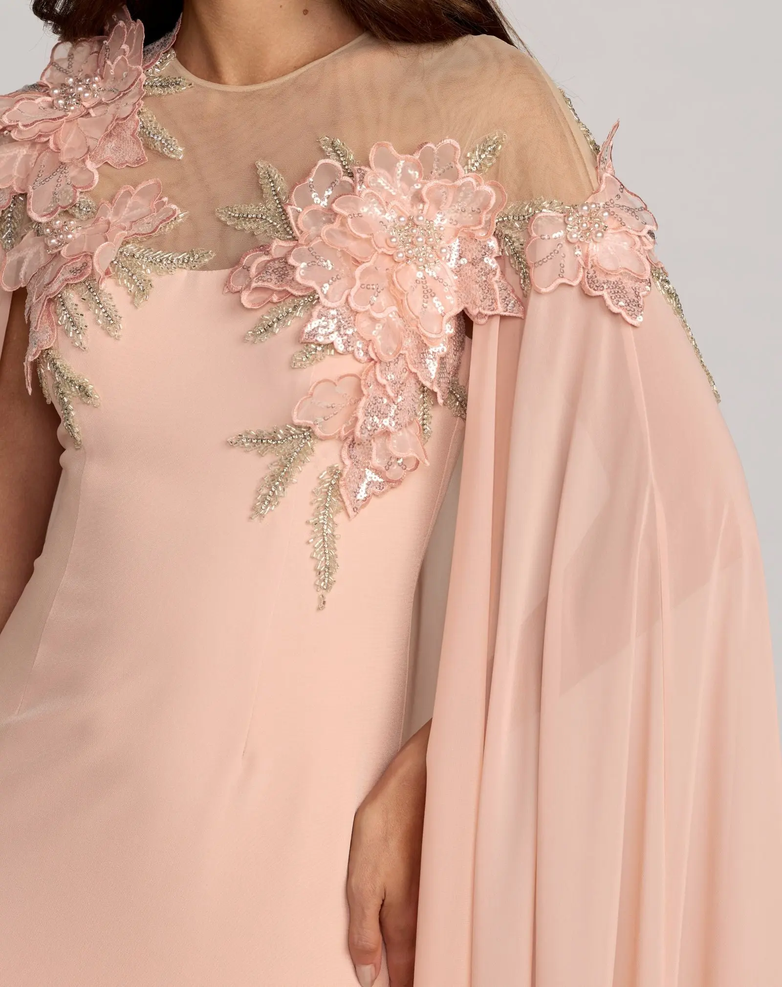 Pink Embellished Crepe Gown With Chiffon Cape - Image 3