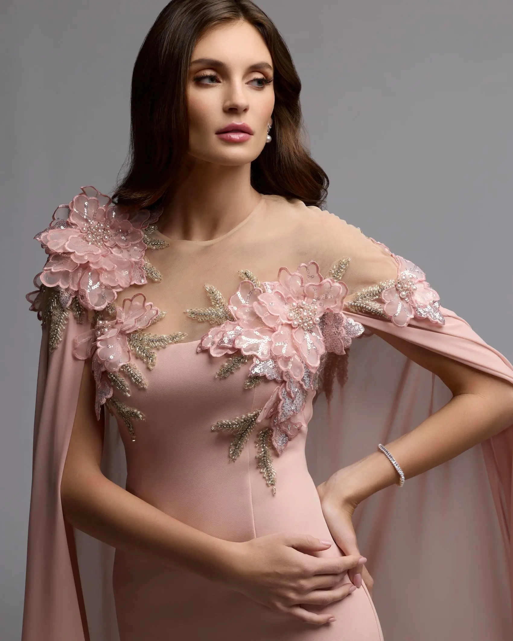 Pink Embellished Crepe Gown With Chiffon Cape - Image 6