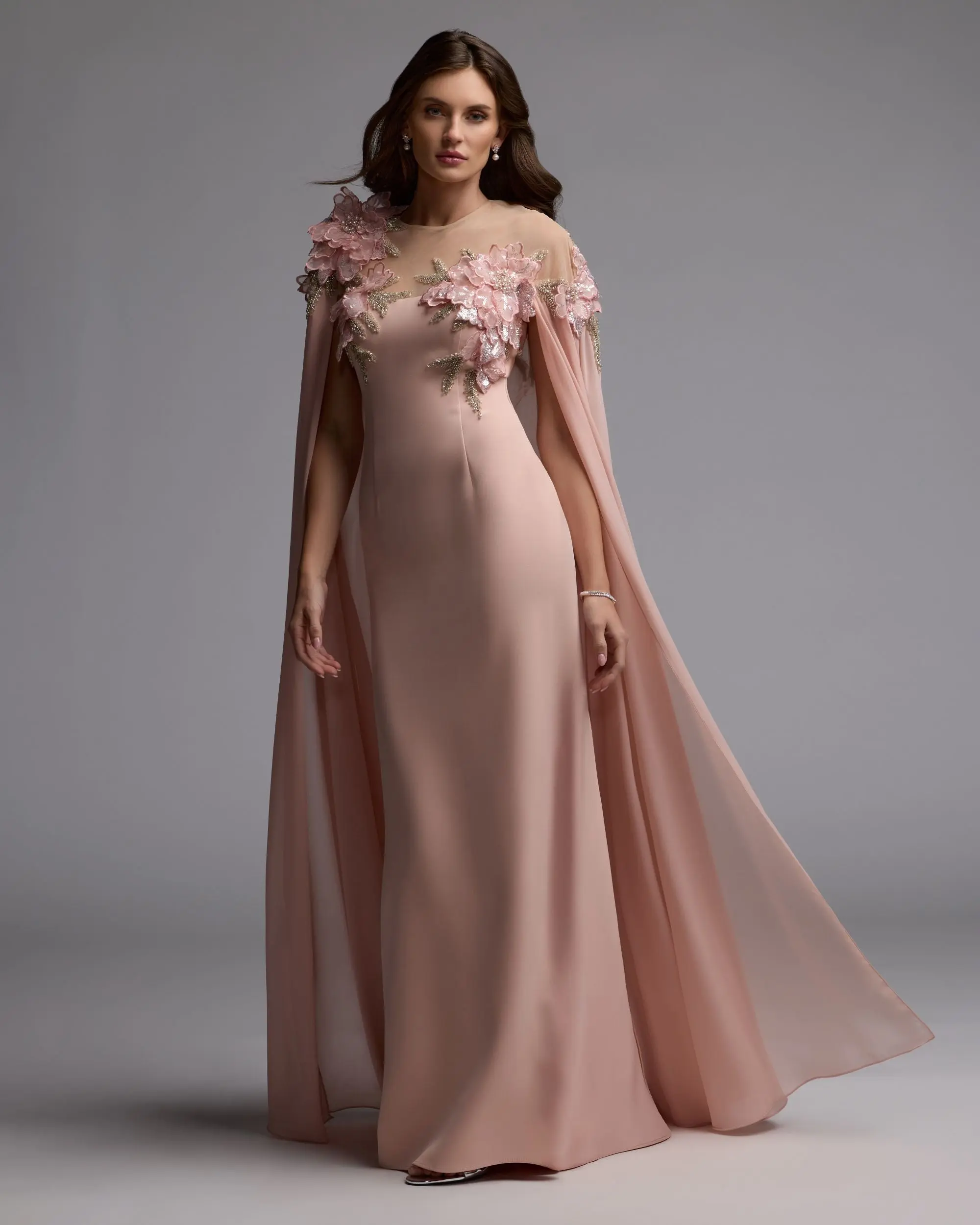 Pink Embellished Crepe Gown With Chiffon Cape - Image 7