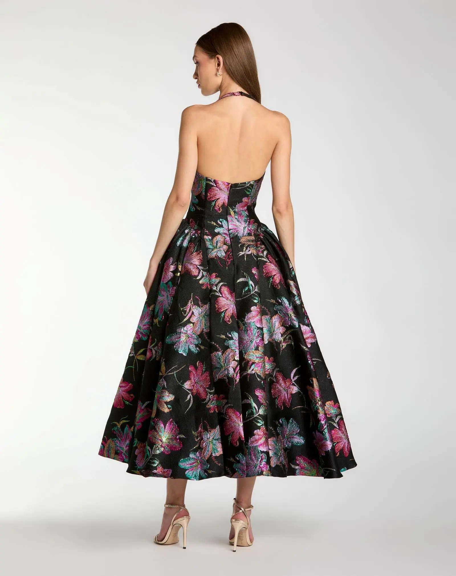 Black Brocade Halter Neck Open Back Midi Dress - Image 2