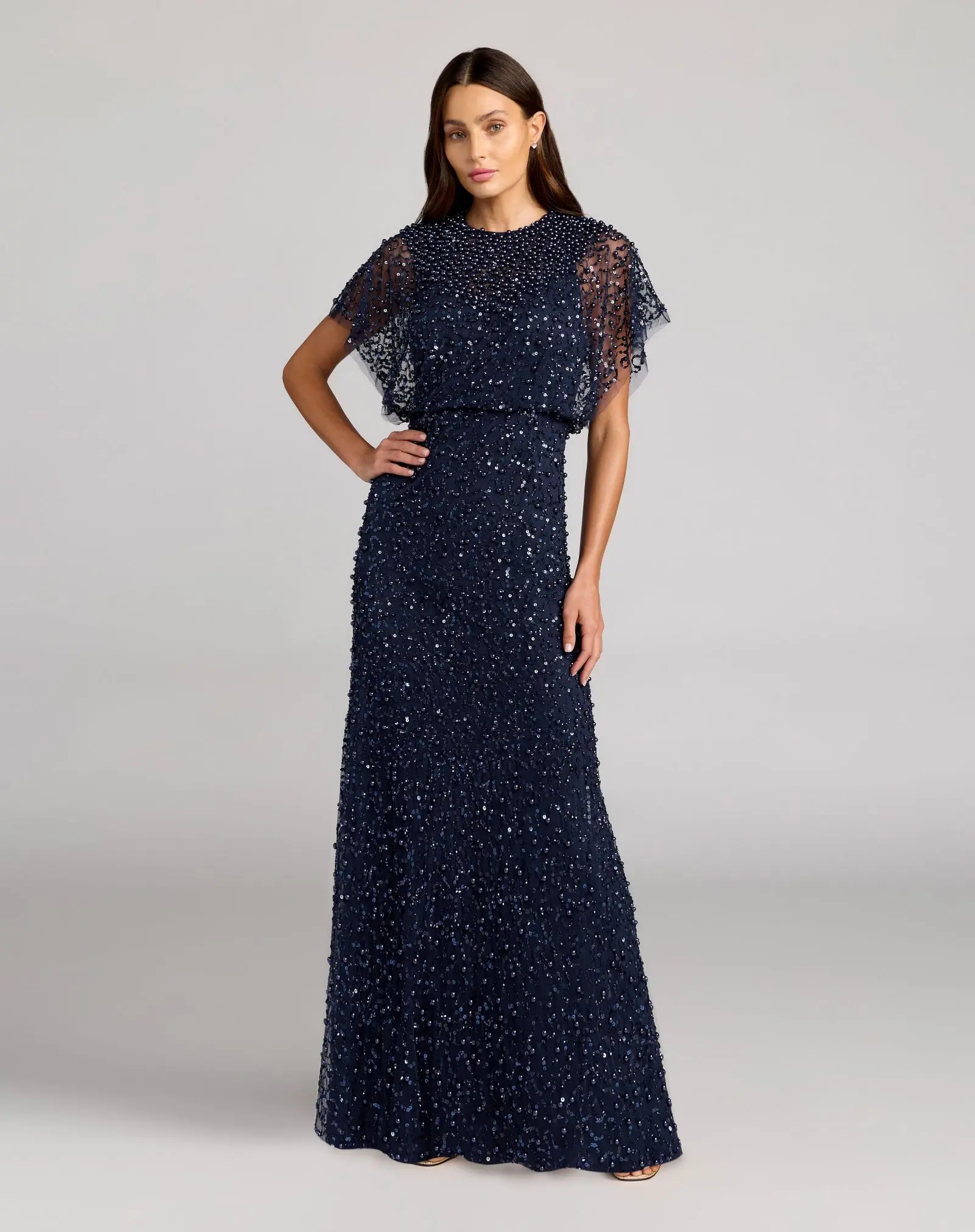 Navy High Neck Short Sleeve Embellished Gown