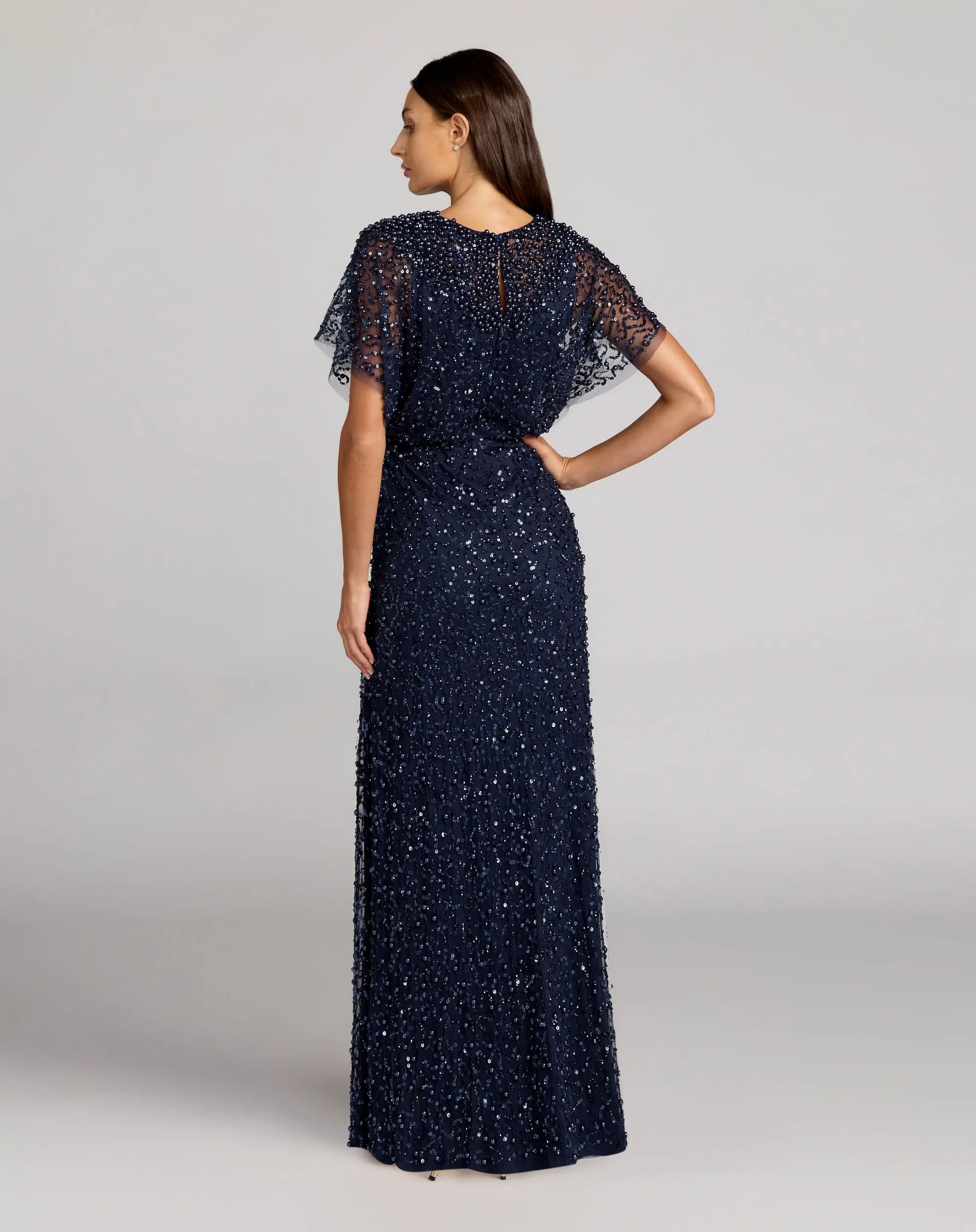 Navy High Neck Short Sleeve Embellished Gown - Image 3